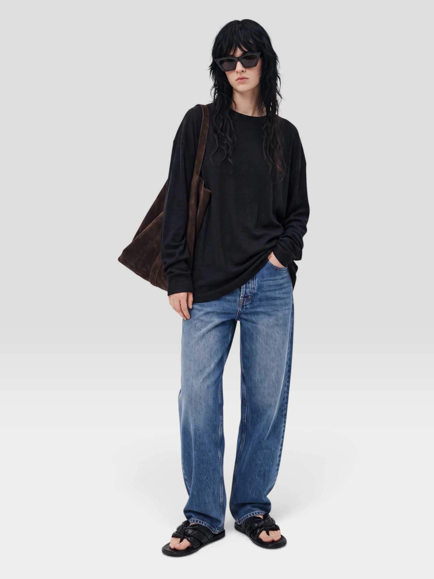 Dala Isle Jean in blue, worn with Mariah cami by Lioness in black, Chloe Talis Embellished Leather Clogs, Phoebe Philo 25mm Leather Belt, RayBan Puffed Wayfarer, the day. Styled by Sharon Lombardo for FDV Concierge.