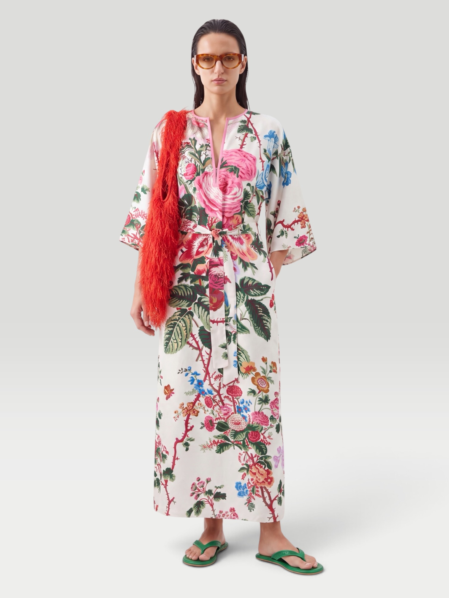 D'Ascoli Capri Silk Kaftan in cream floral. Styled by Sharon Lombardo for FDV Concierge.