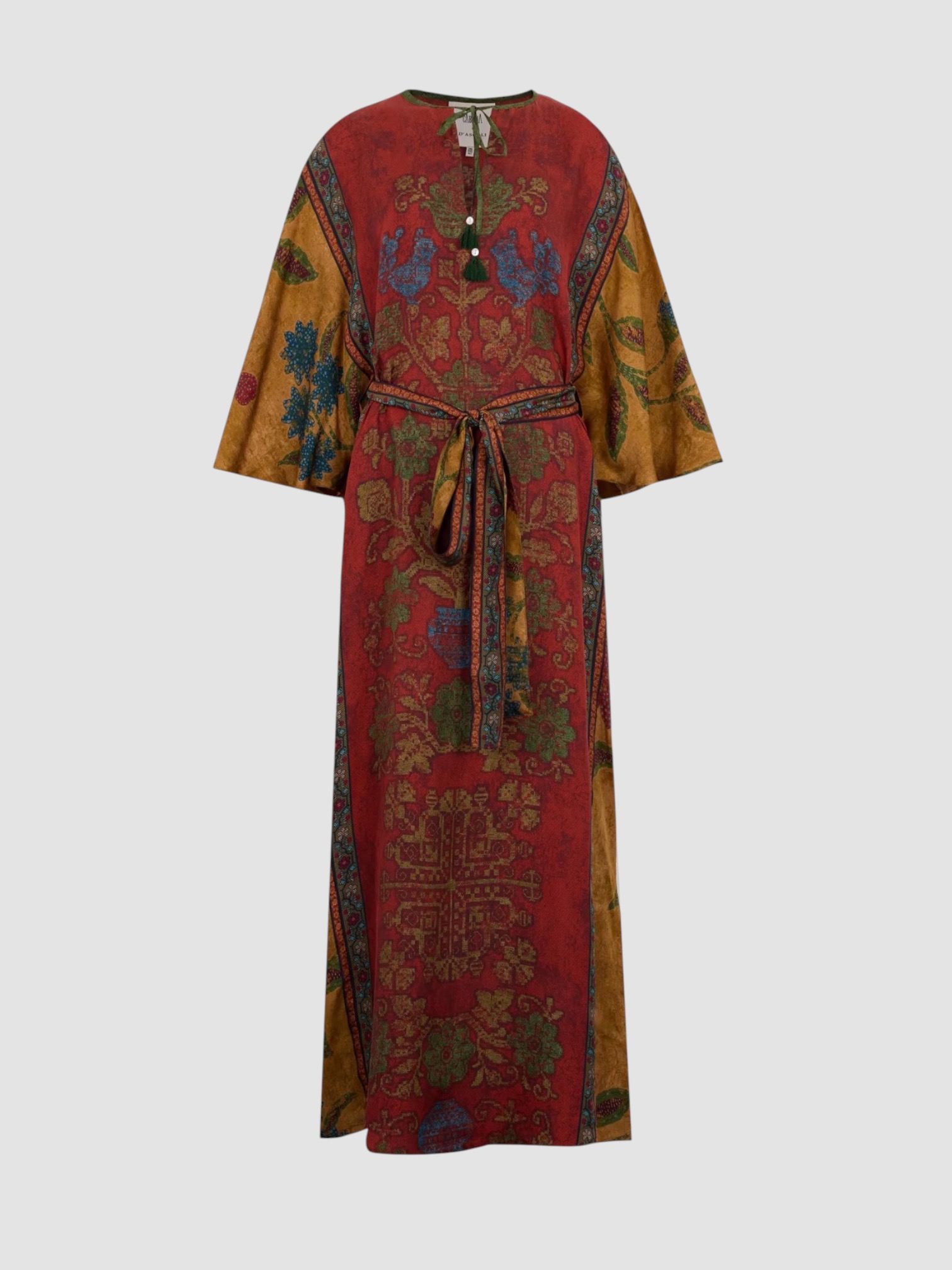 D'Ascoli Carpathia Silk Twill Belted Kaftan in red multi, worn with Prada Blue Fringed Clutch, Manolo Blahnik Susacru Leather Sandals, Dries Van Noten Oval Sunglasses, Phoebe Philo Gold Studded Hoops, walking the city. Styled by Sharon Lombardo for FDV Concierge.
