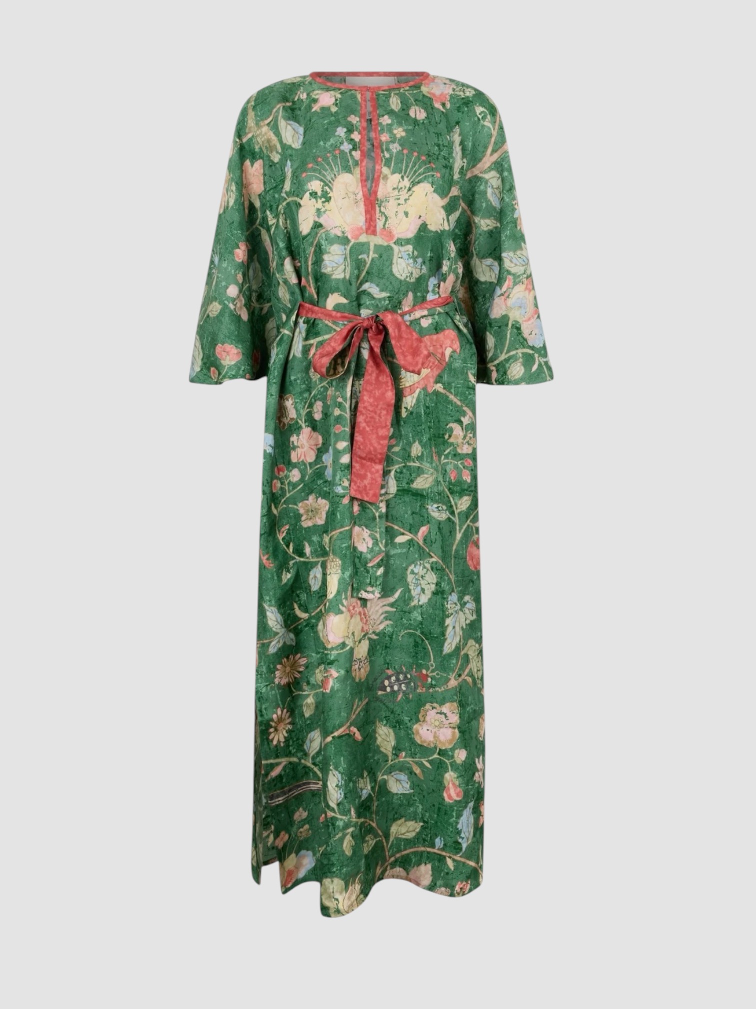 D'Ascoli Devon Silk Kaftan in green/coral. Styled by Sharon Lombardo for FDV Concierge.