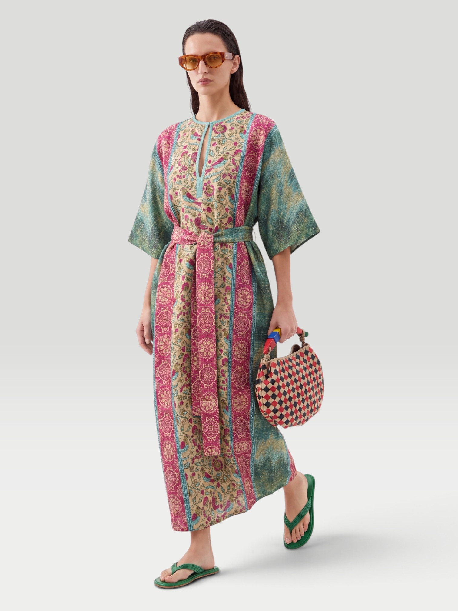 D'Ascoli Devon Silk Kaftan in green/coral. Styled by Sharon Lombardo for FDV Concierge.