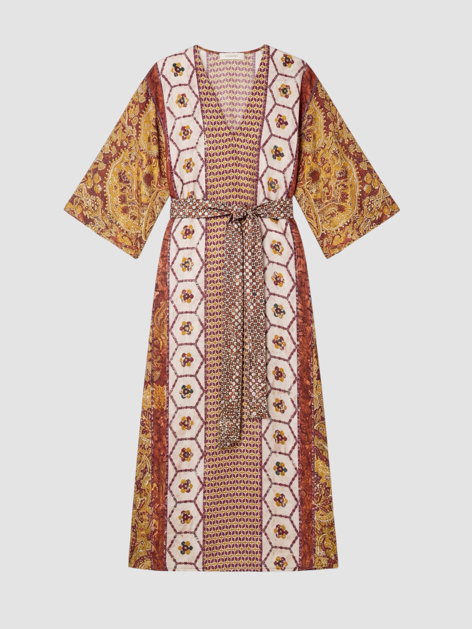 D'Ascoli Theodora Silk Twill Kaftan in rust multi. Styled by Sharon Lombardo for FDV Concierge.