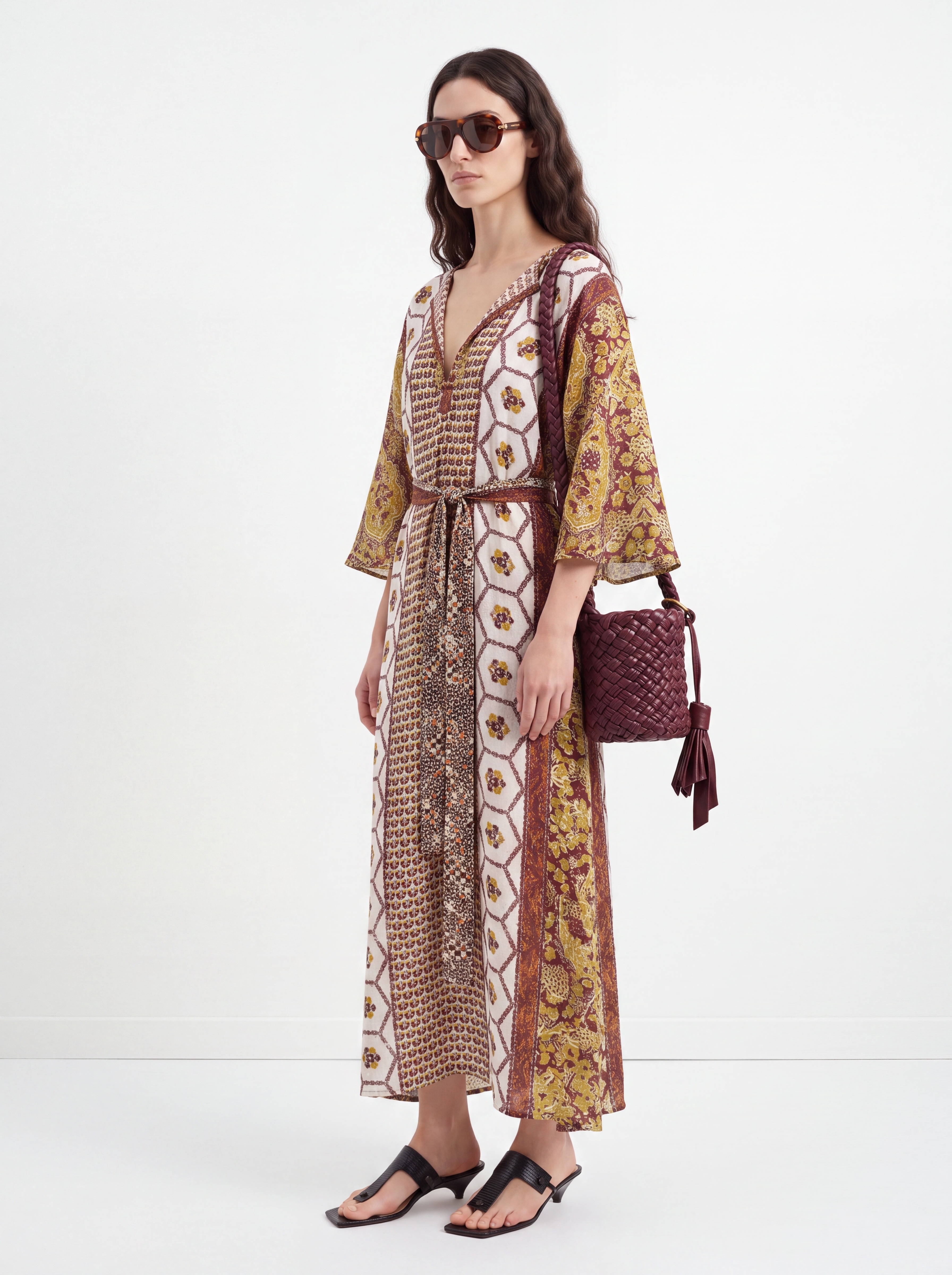 D'Ascoli Theodora Silk Twill Kaftan in rust multi. Styled by Sharon Lombardo for FDV Concierge.