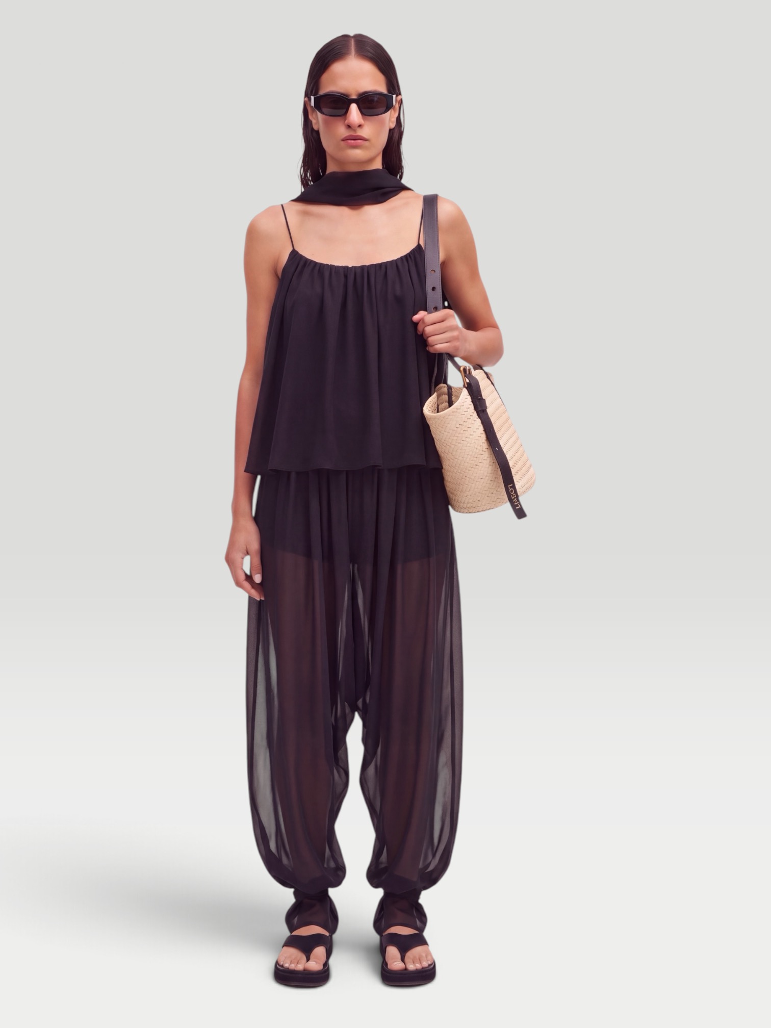 De La Vali Agapito Georgette Top in black, worn with De La Vali Ines Chiffon Balloon Pants. Styled by Sharon Lombardo for FDV Concierge.