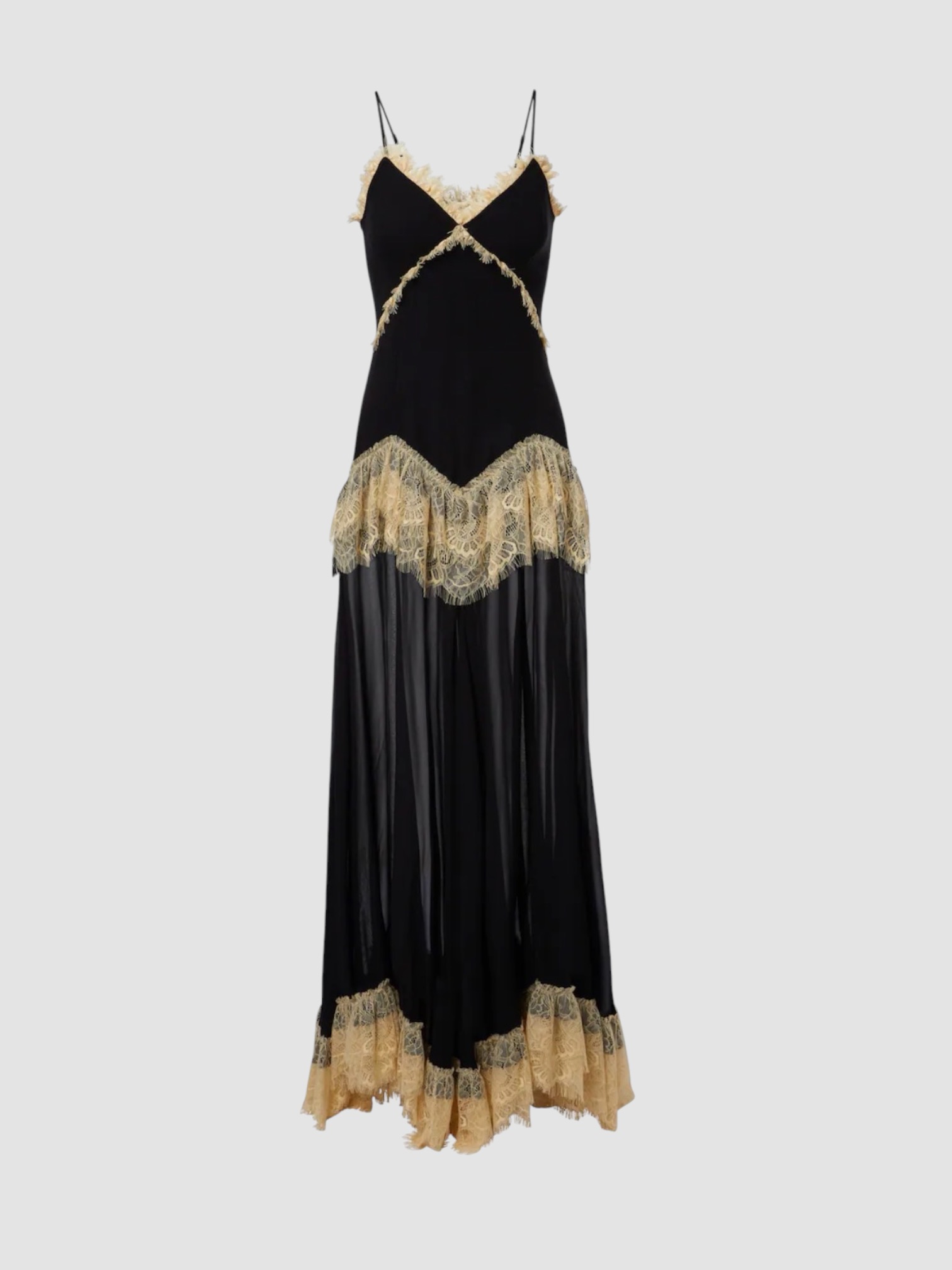 De La Vali Estela Lace-Trimmed Georgette Maxi Dress in black. Styled by Sharon Lombardo for FDV Concierge.