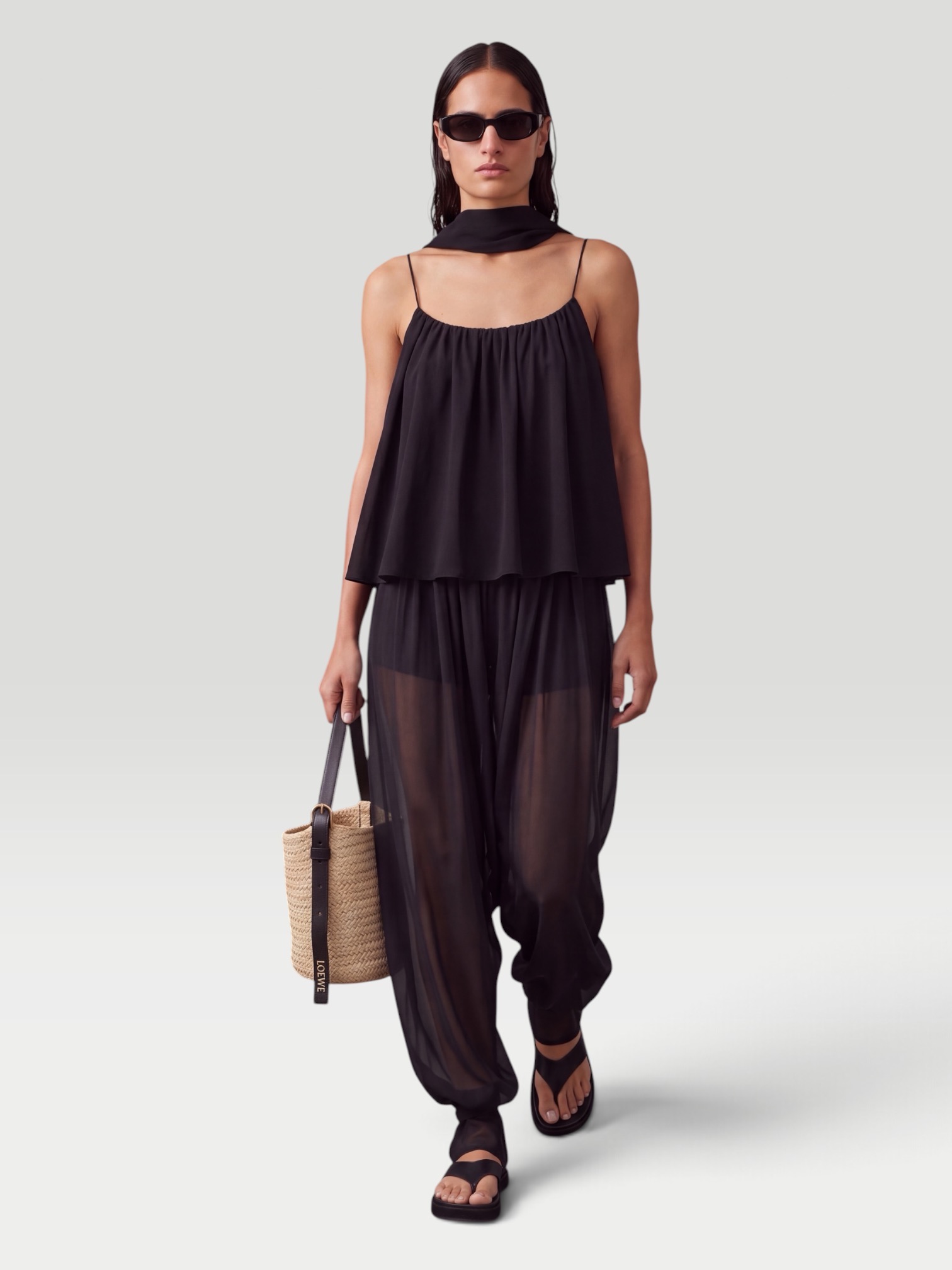 De La Vali Ines Chiffon Balloon Pants in black, worn with De La Vali Agapito Georgette Top. Styled by Sharon Lombardo for FDV Concierge.