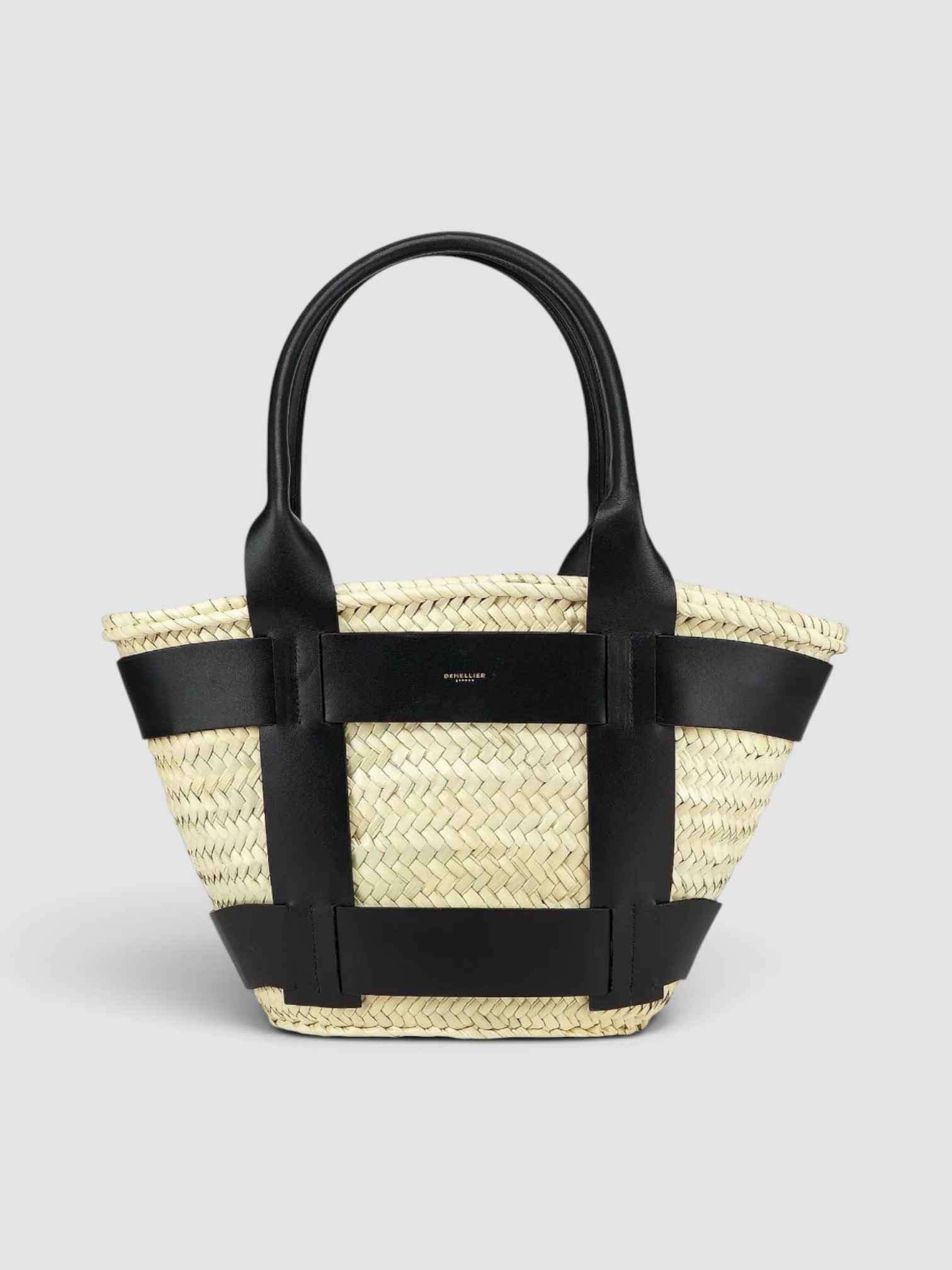 Demellier London Santorini Basket Bag in black, worn with Totême Striped Shirtdress. Styled by Sharon Lombardo for FDV Concierge.