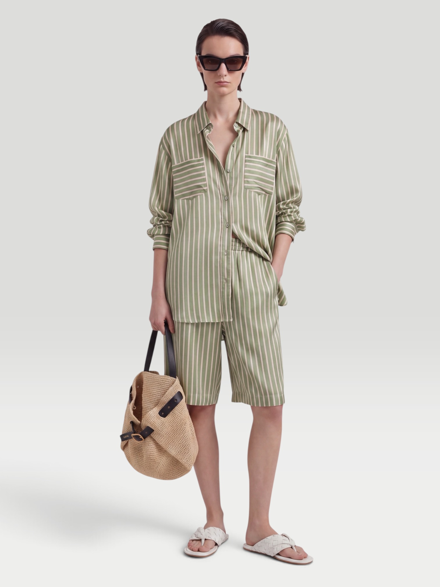 Dries Van Noten Cheers Shirt in green stripe. Styled by Sharon Lombardo for FDV Concierge.