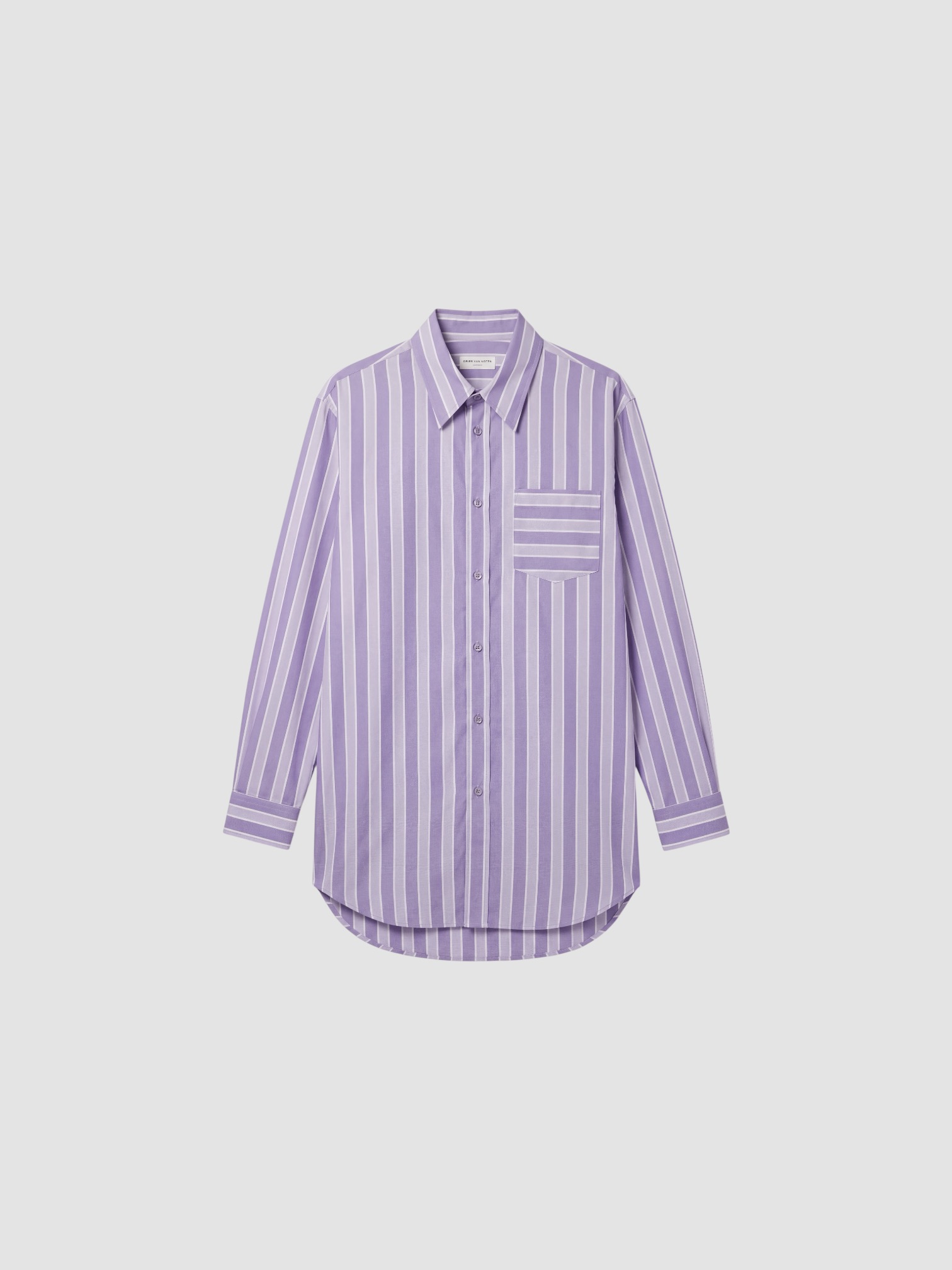 Dries Van Noten Cheers Shirt in lilac stripe. Styled by Sharon Lombardo for FDV Concierge.