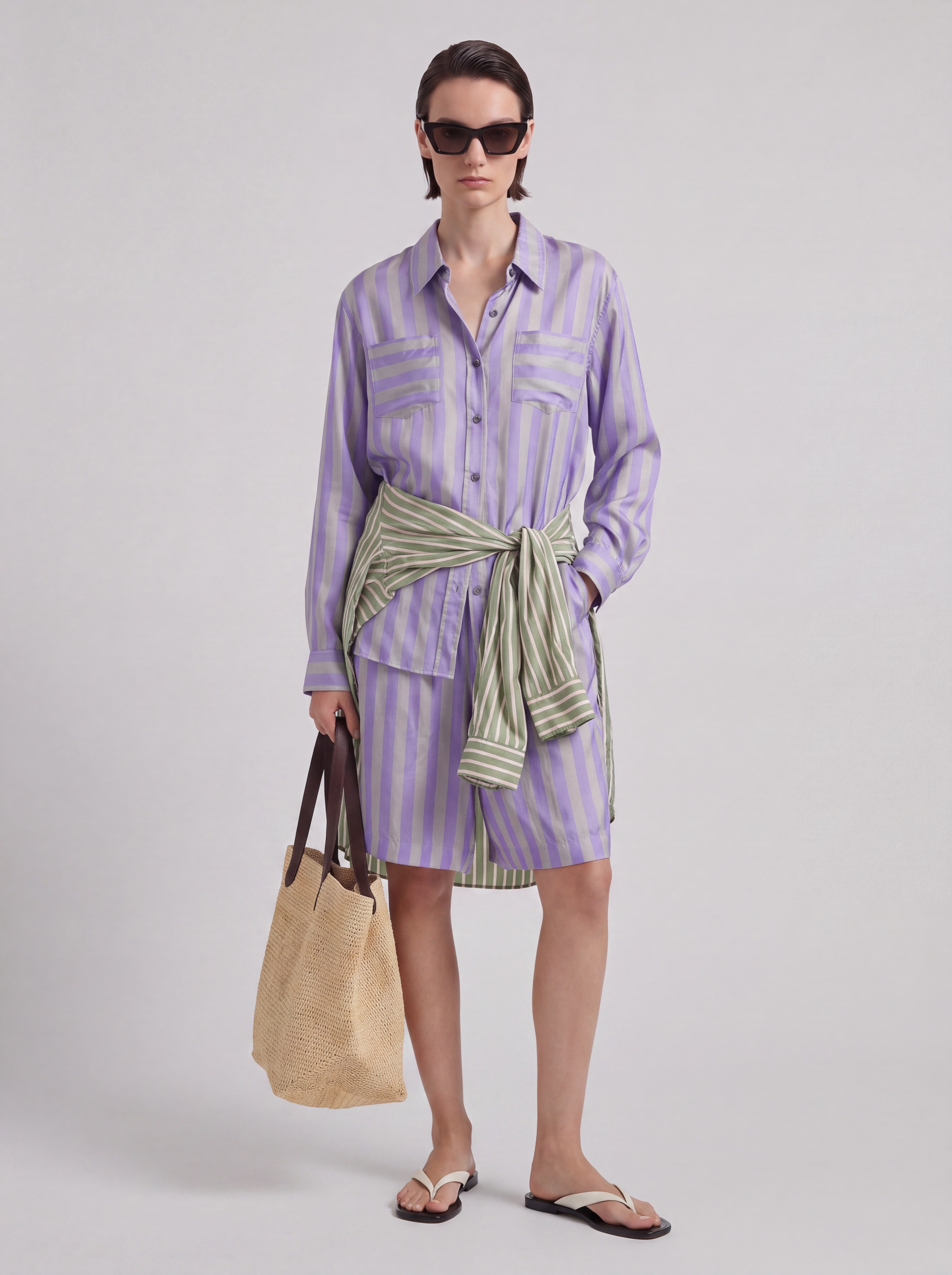 Dries Van Noten Cheers Shirt in lilac stripe. Styled by Sharon Lombardo for FDV Concierge.