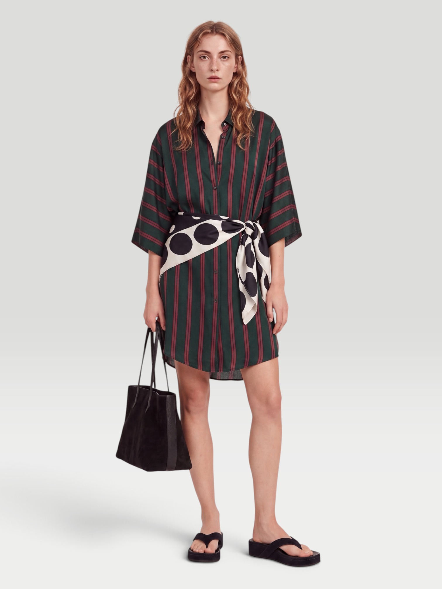 Dries Van Noten Drea Dress in green/rust stripe. Styled by Sharon Lombardo for FDV Concierge.