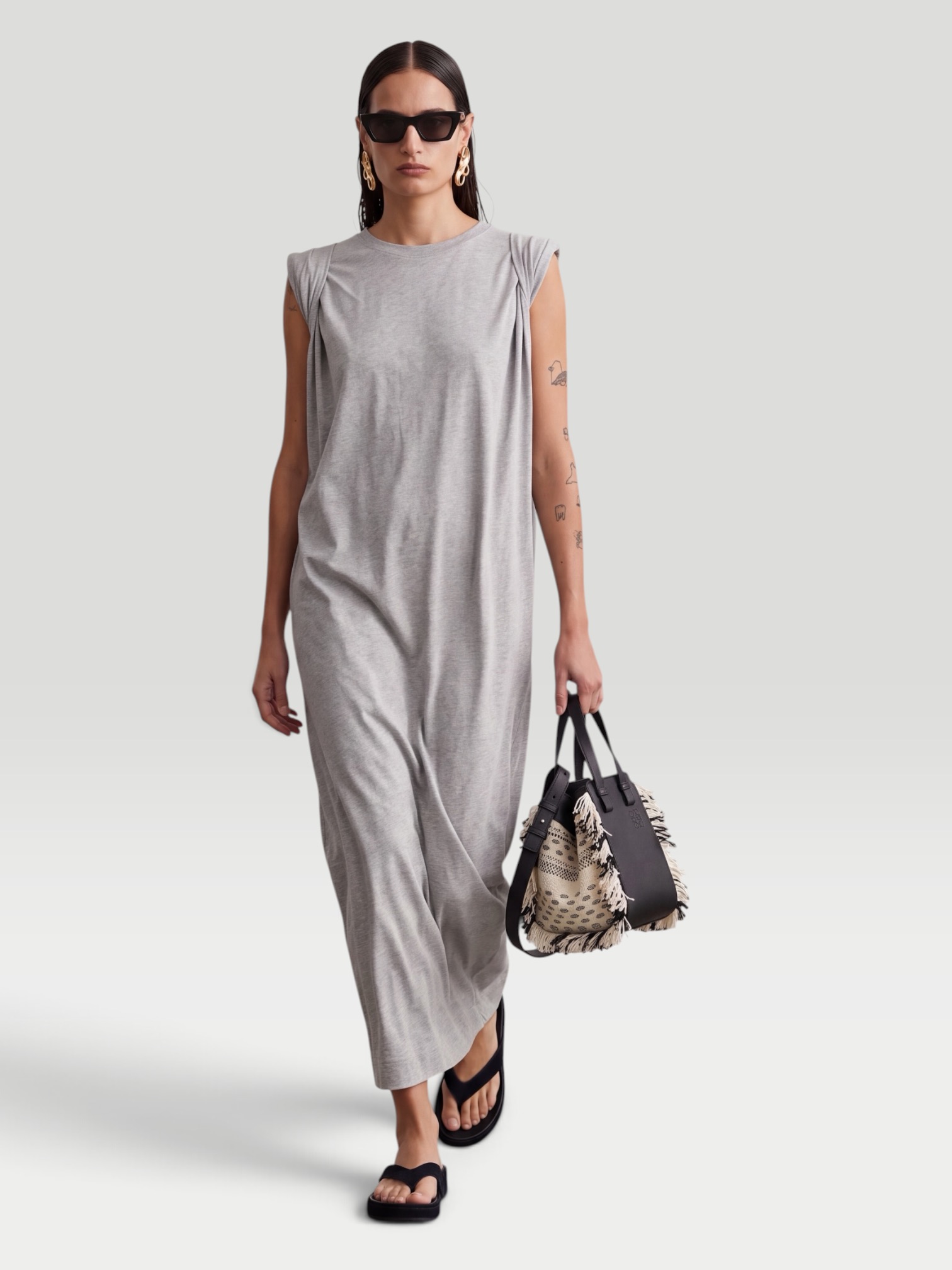 Dries Van Noten Loose T-Shirt Maxi Dress in gray. Styled by Sharon Lombardo for FDV Concierge.