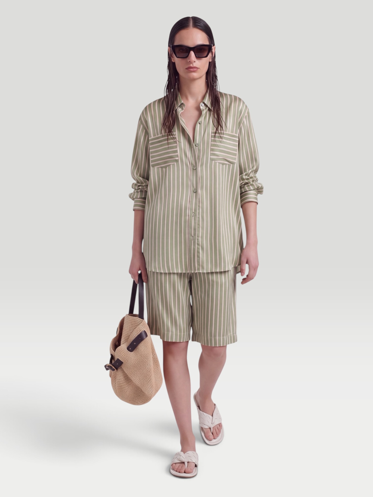 Dries Van Noten Pomy Short in green stripe. Styled by Sharon Lombardo for FDV Concierge.