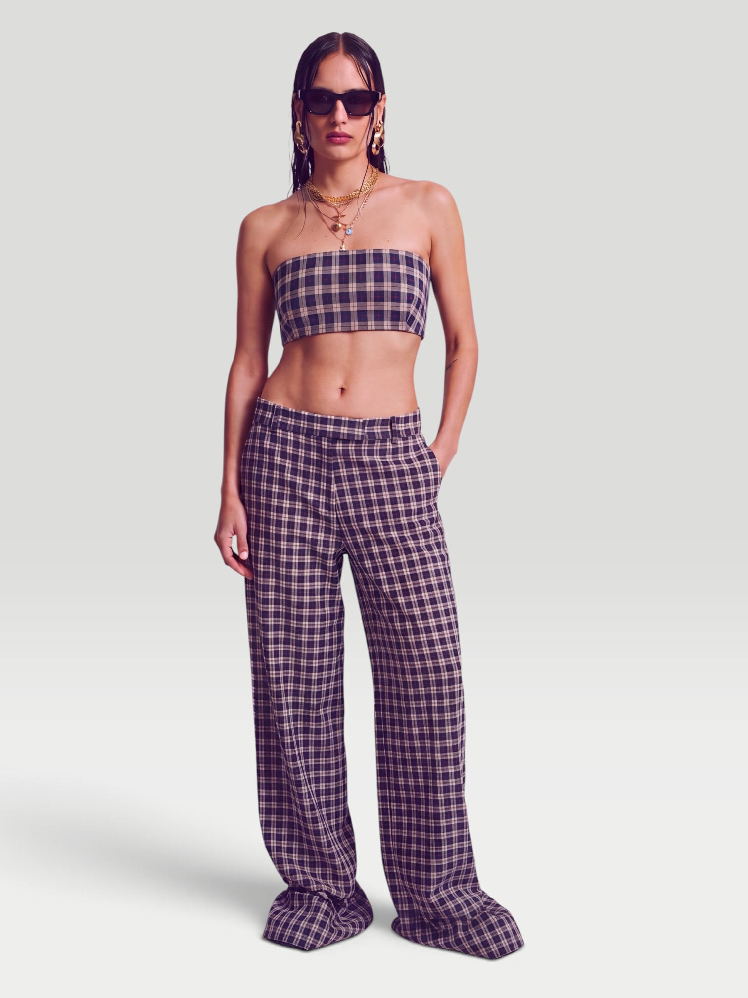 Dries Van Noten Checked Cotton Flannel Wide-Leg Pants in navy plaid. Styled by Sharon Lombardo for FDV Concierge.