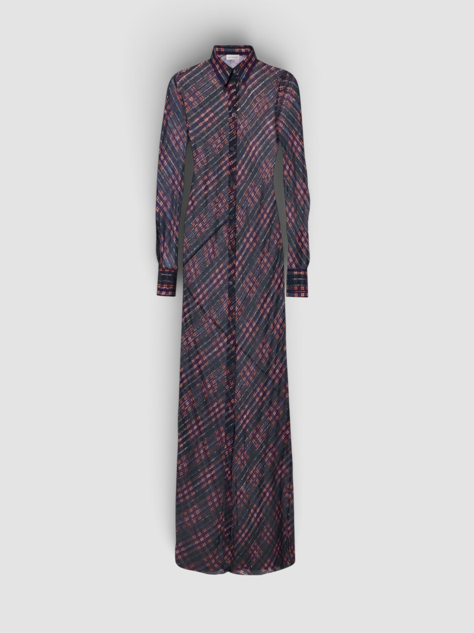 Dries Van Noten Checked lame shirt dress in multicoloured (designer color name: blue). Styled by Sharon Lombardo for FDV Concierge.