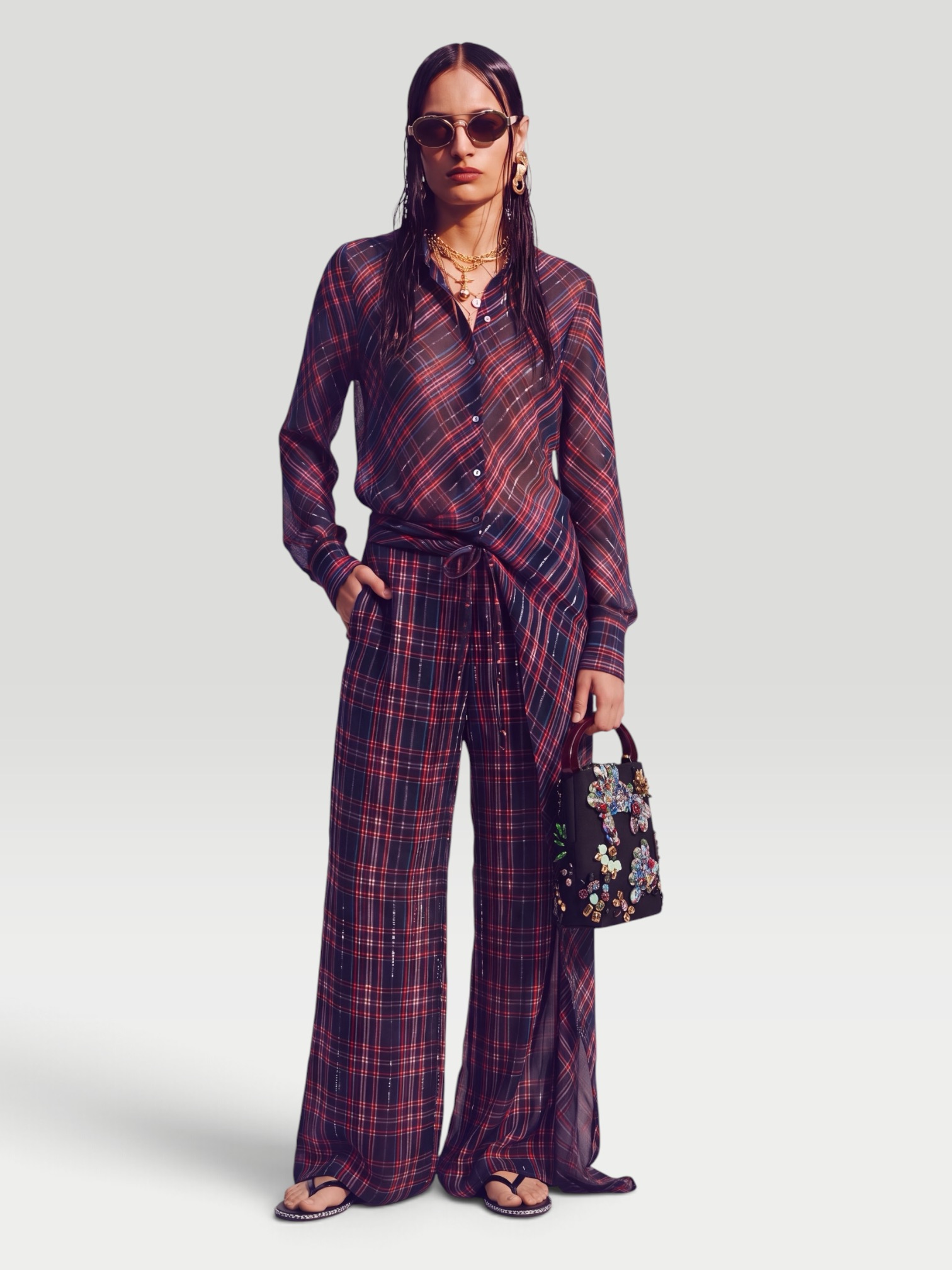 Dries Van Noten Checked lame shirt dress in multicoloured (designer color name: blue). Styled by Sharon Lombardo for FDV Concierge.