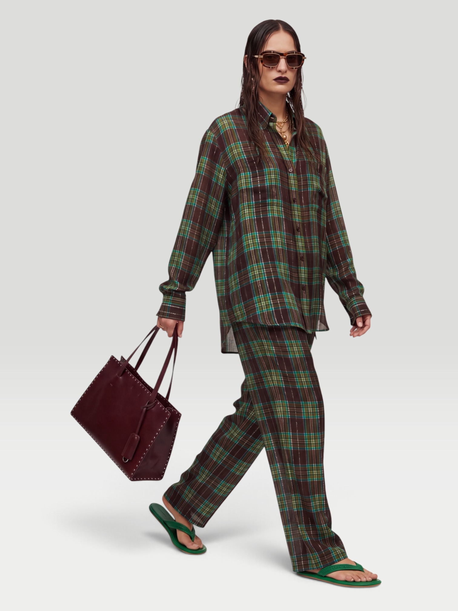 Dries Van Noten Checked Shirt in burgundy. Styled by Sharon Lombardo for FDV Concierge.