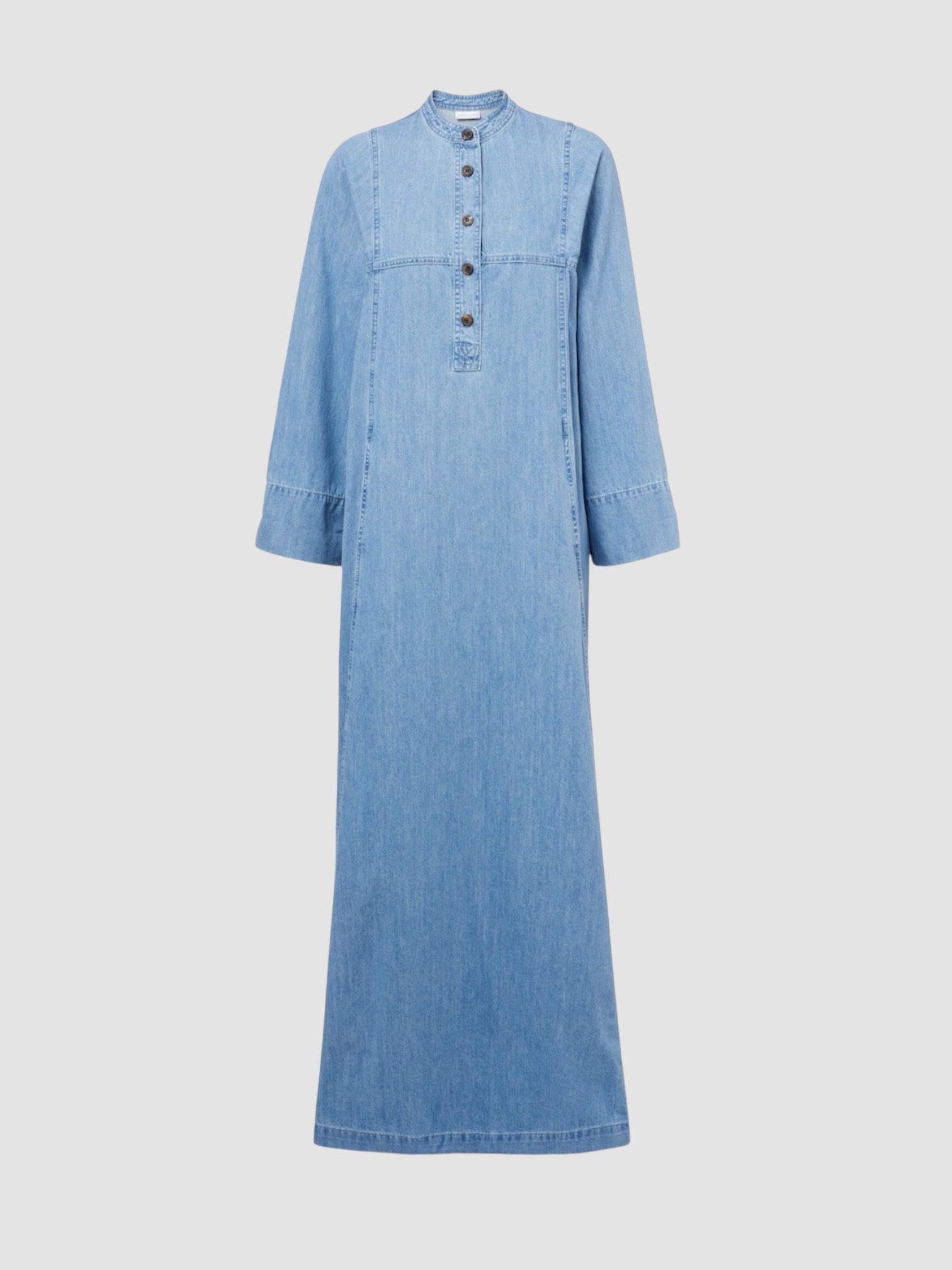Dries Van Noten Denim Maxi Dress in blue, worn with Birkenstock Arizona Droplet High Shine. Styled by Sharon Lombardo for FDV Concierge.