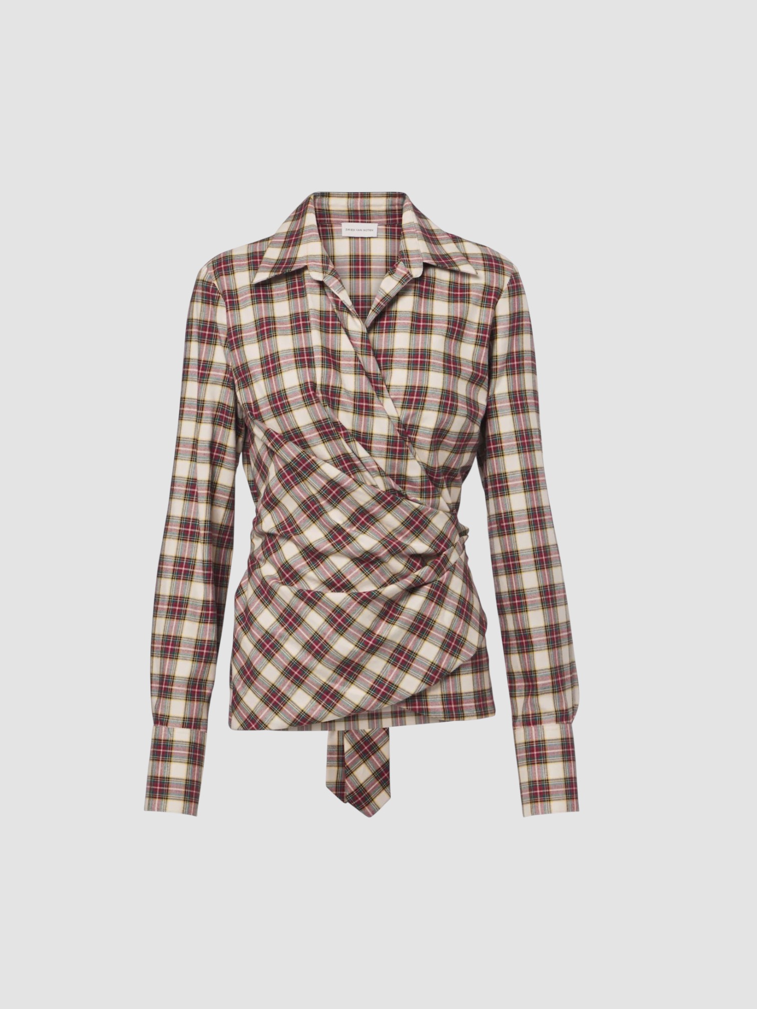 Dries Van Noten Draped Plaid Cotton Flannel Shirt in ecru. Styled by Sharon Lombardo for FDV Concierge.