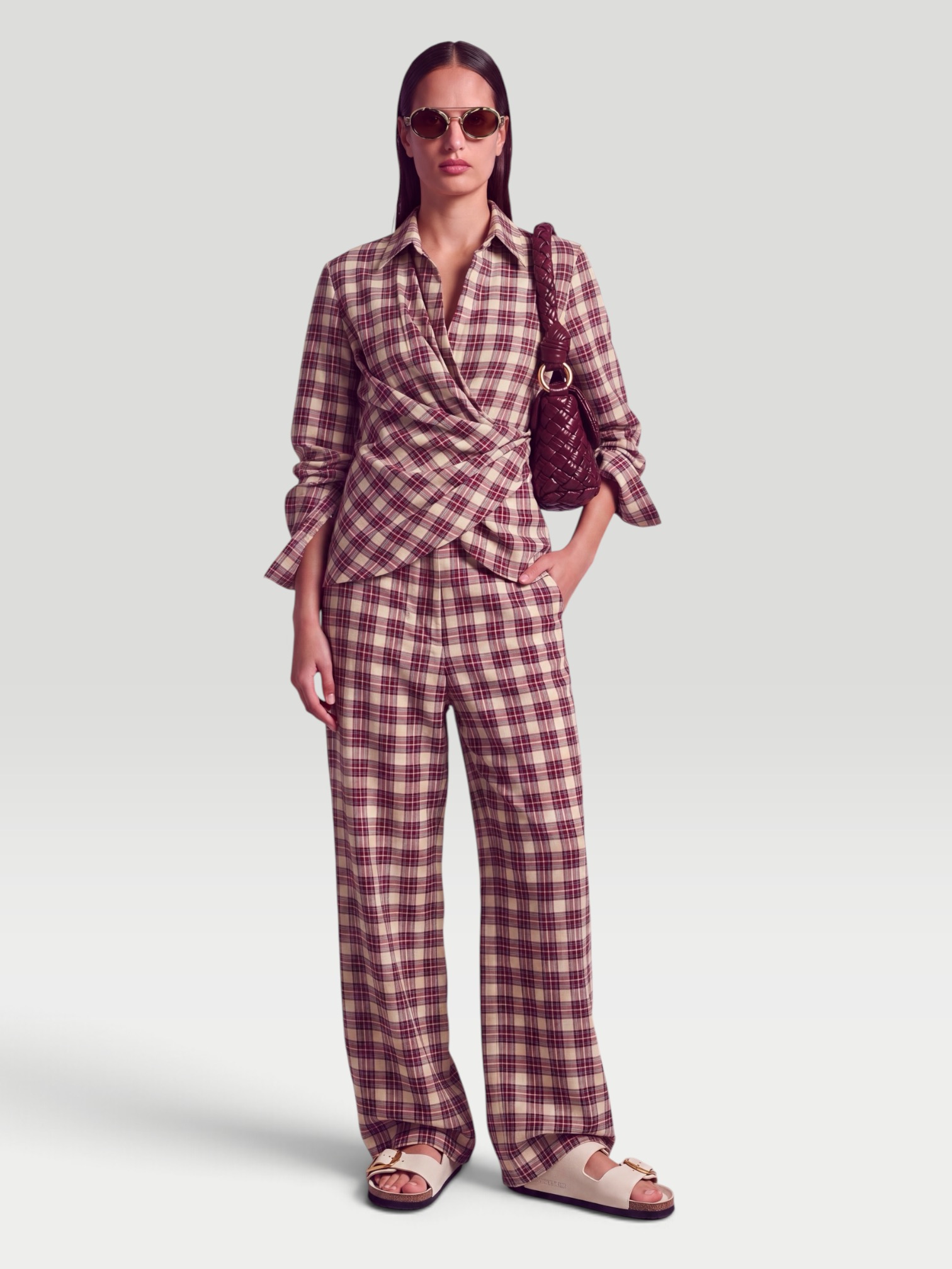 Dries Van Noten Draped Plaid Cotton Flannel Shirt in ecru. Styled by Sharon Lombardo for FDV Concierge.