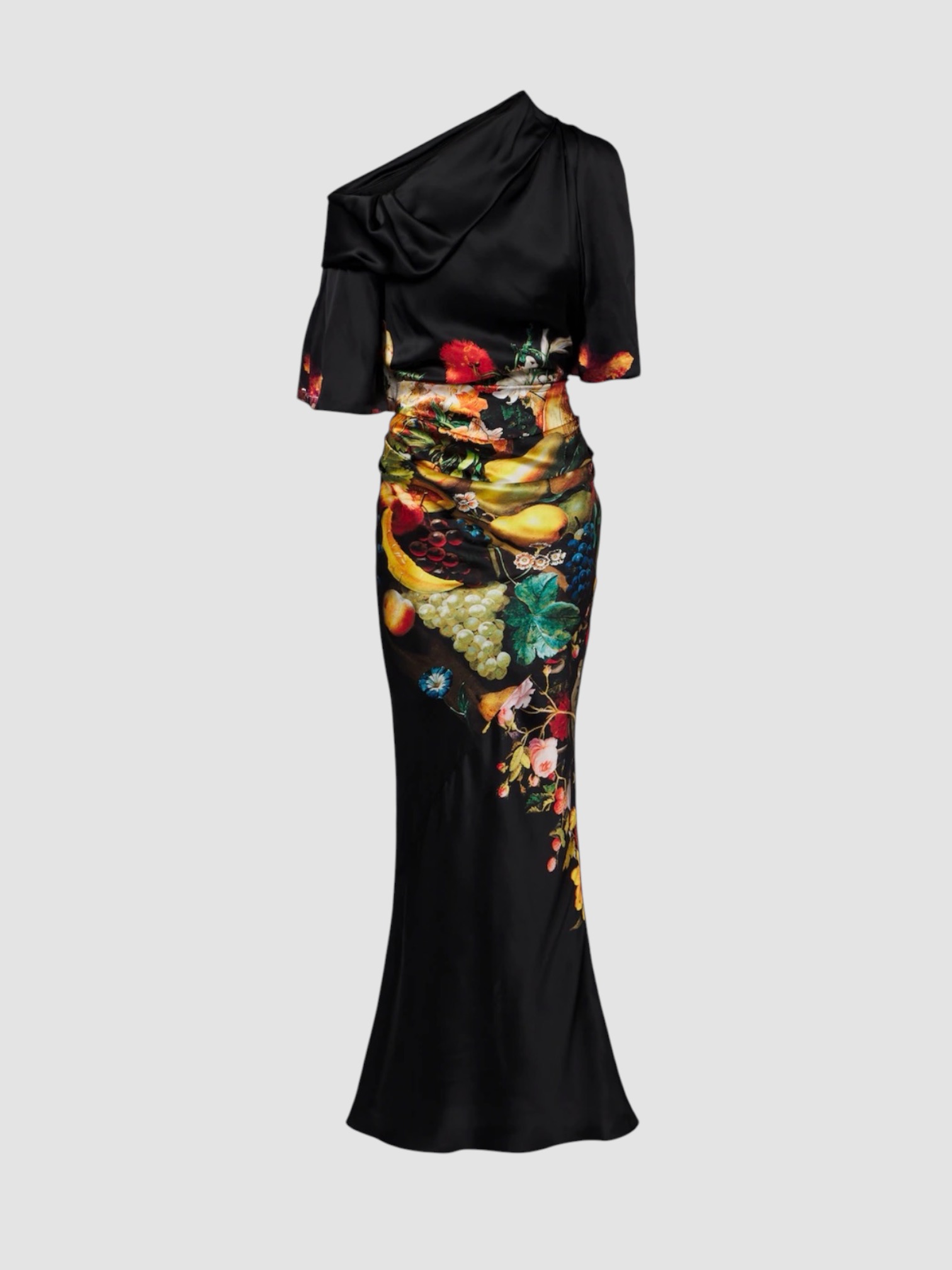 Dries Van Noten Draped Printed Silk Satin Gown in black. Styled by Sharon Lombardo for FDV Concierge.
