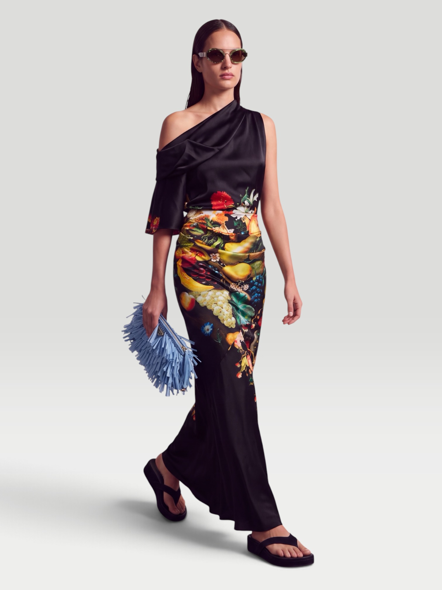 Dries Van Noten Draped Printed Silk Satin Gown in black. Styled by Sharon Lombardo for FDV Concierge.