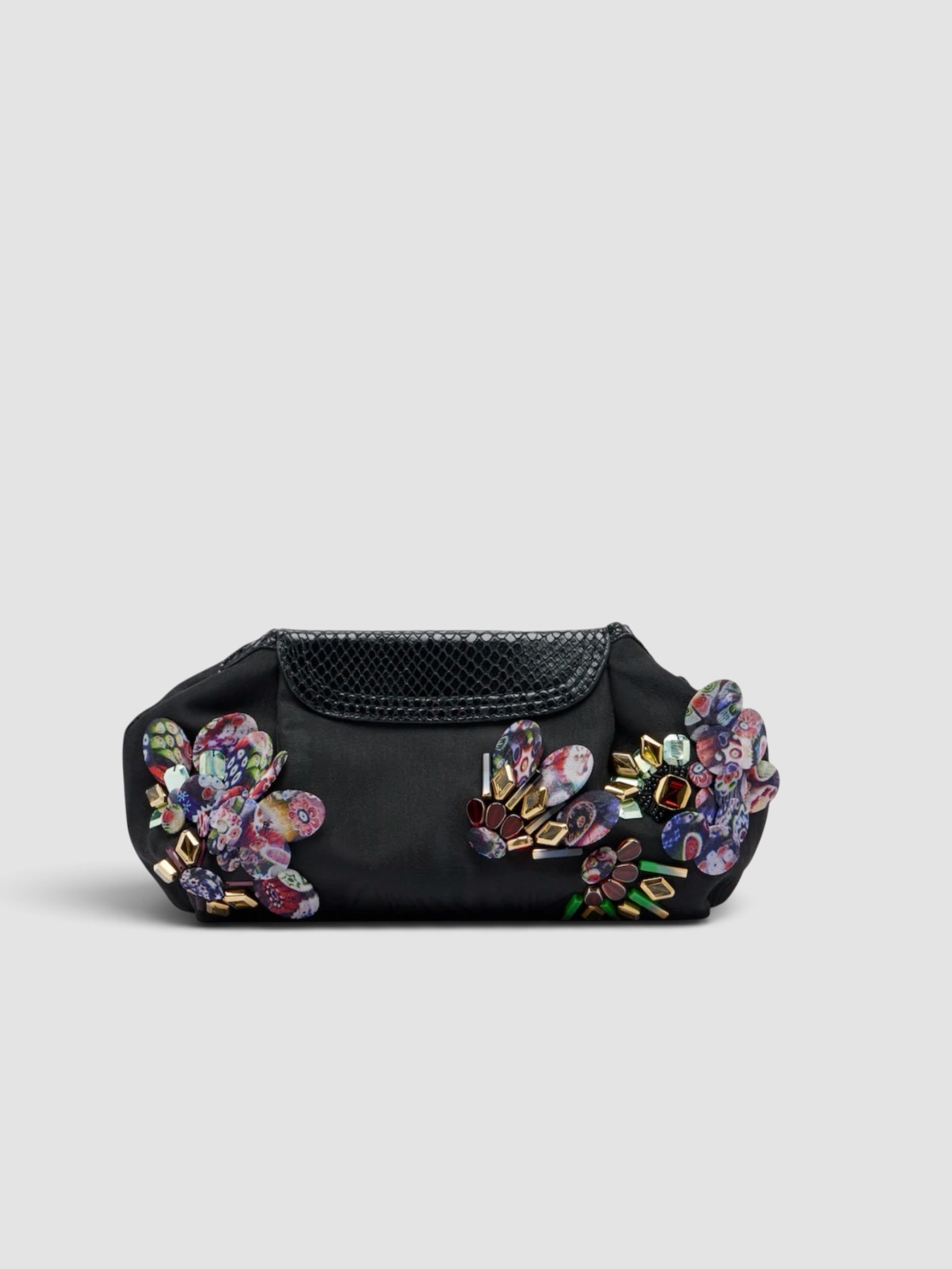 Dries Van Noten Embellished Leather-Trimmed Clutch in black, worn with FIL DE VIE Isadora Dress. Styled by Sharon Lombardo for FDV Concierge.