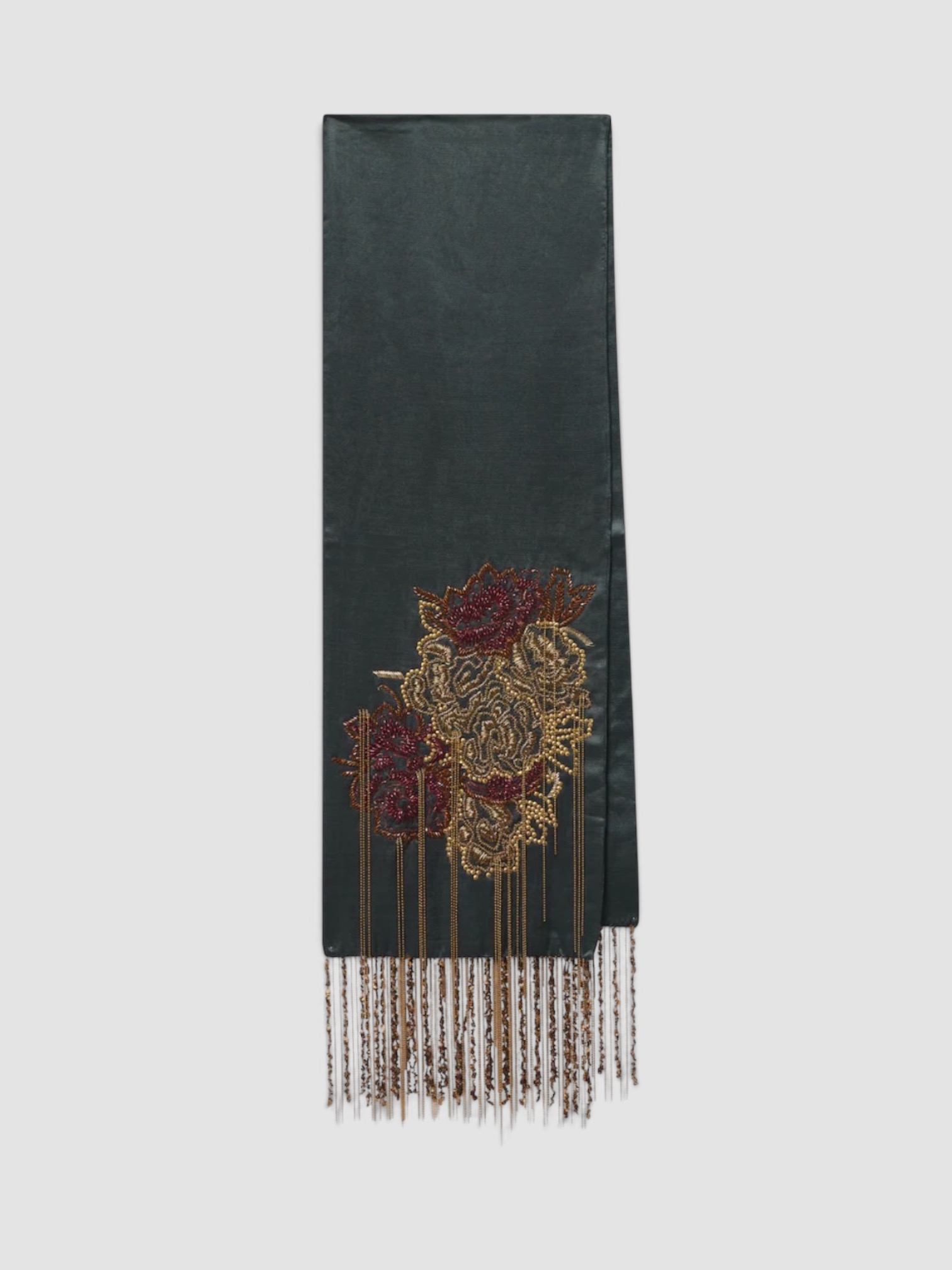 Dries Van Noten Embellished Fringed Silk Scarf in green.