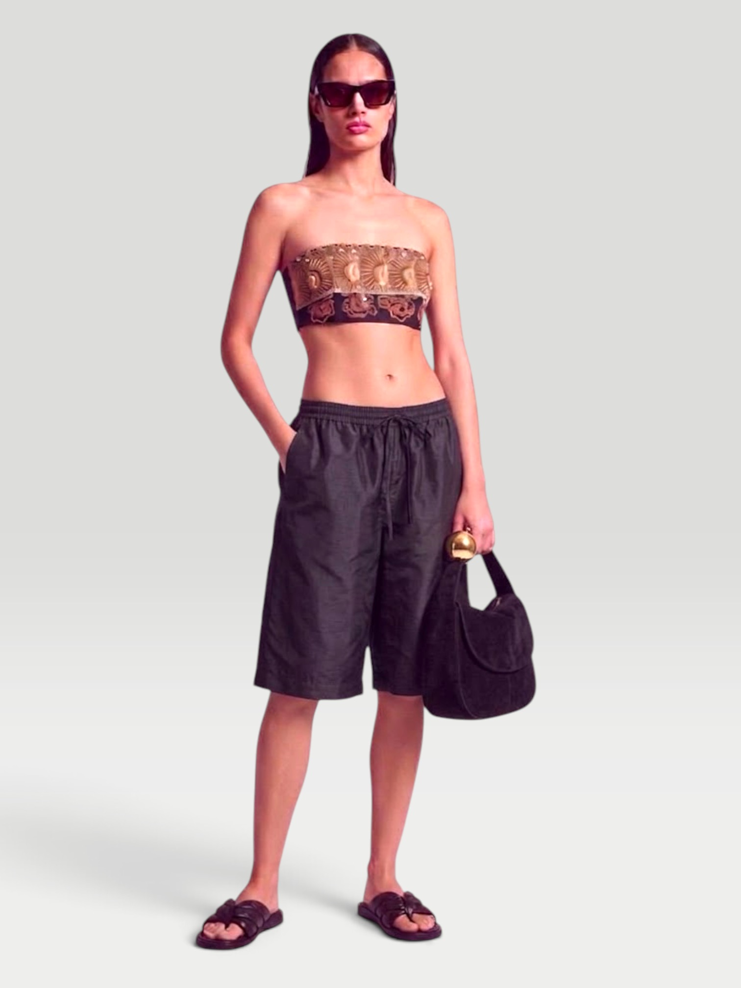 Dries Van Noten Embroidered Cotton Bandeau Top in black. Styled by Sharon Lombardo for FDV Concierge.