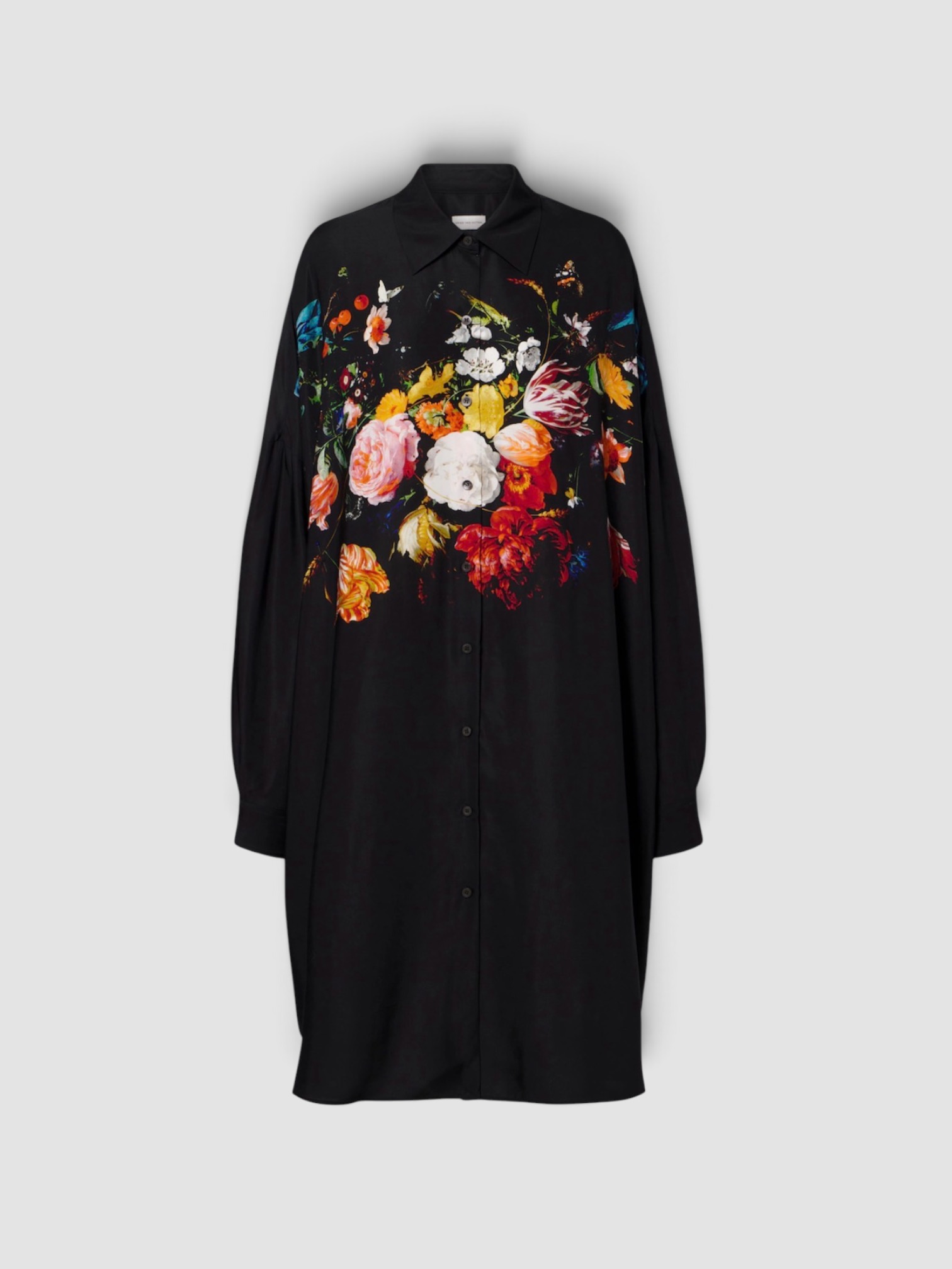 Dries Van Noten Floral Shirt Dress in black, worn with Dries Van Noten Crisp Bag, Bottega Veneta Sampieri Flat Thong, Bottega Veneta Cat-Eye Acetate Sunglasses, Bottega Veneta Drop Marble Necklace, the day. Styled by Sharon Lombardo for FDV Concierge.