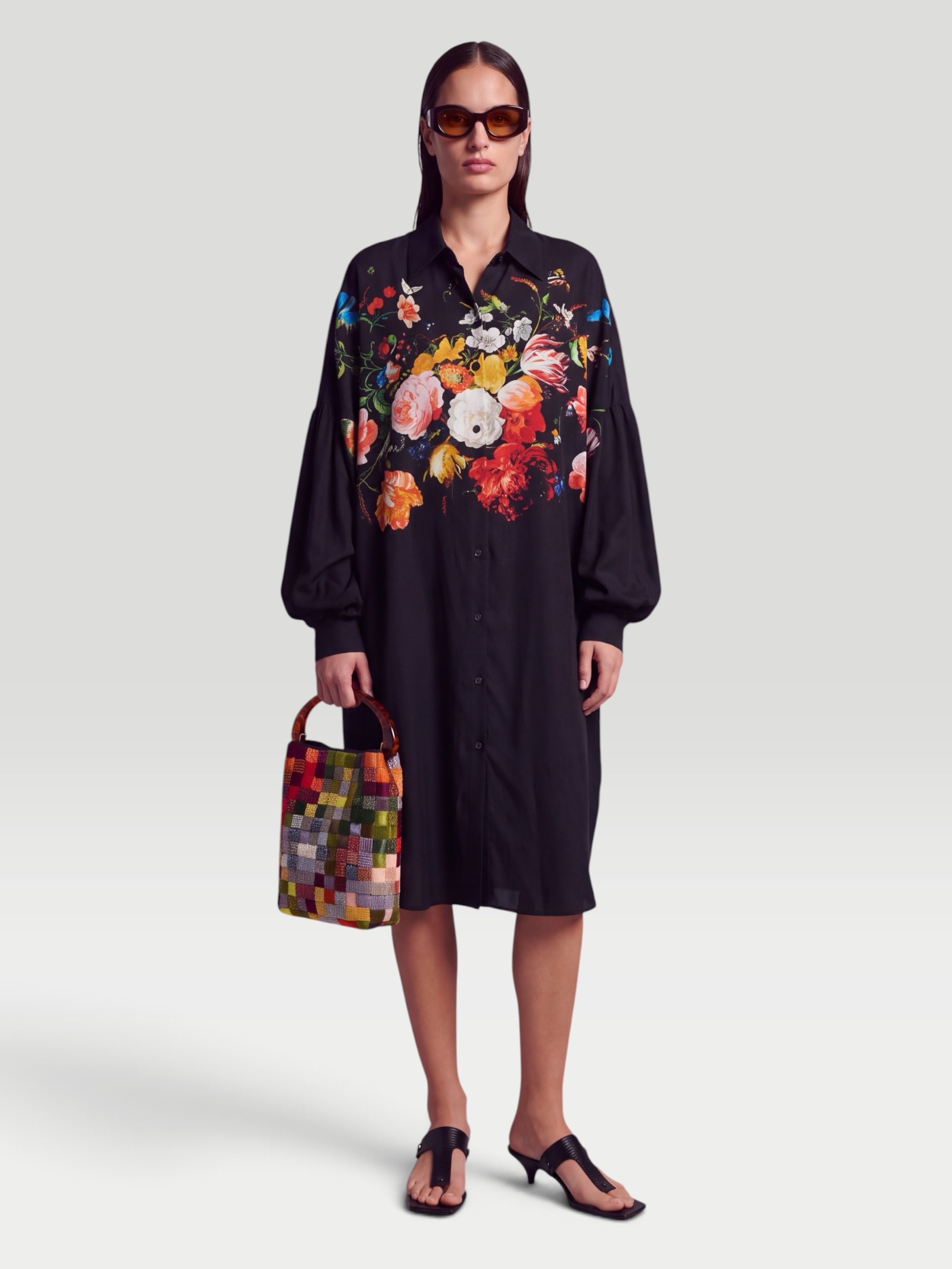 Dries Van Noten Floral Shirt Dress in black, worn with Dries Van Noten Crisp Bag, Bottega Veneta Sampieri Flat Thong, Bottega Veneta Cat-Eye Acetate Sunglasses, Bottega Veneta Drop Marble Necklace, the day. Styled by Sharon Lombardo for FDV Concierge.