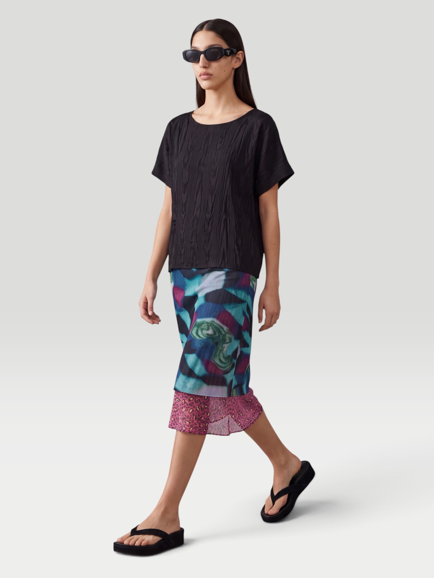 Dries Van Noten Layered Moire Midi Skirt in petrol. Styled by Sharon Lombardo for FDV Concierge.