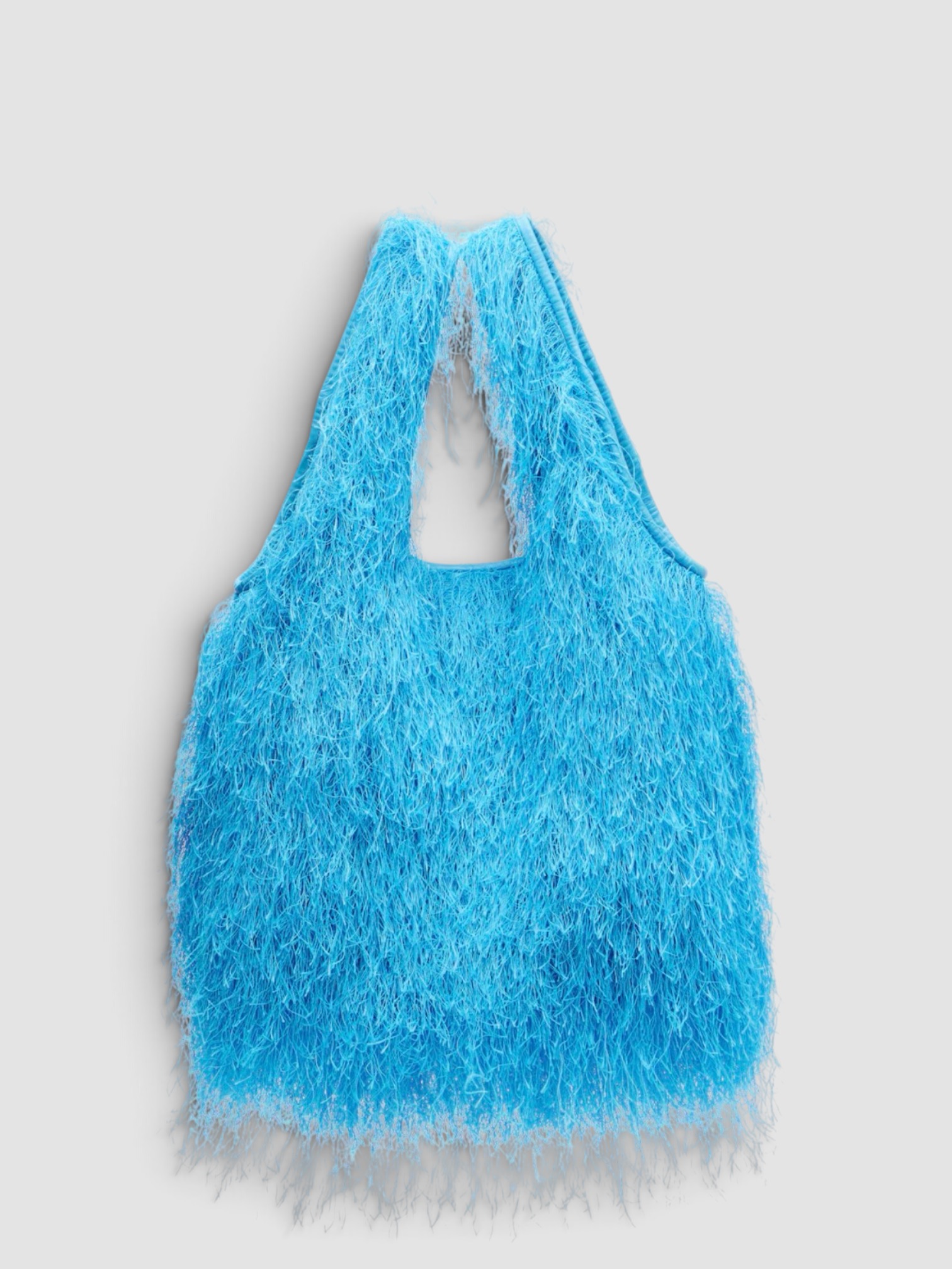 Dries Van Noten Marche Medium Fringed Top-Handle Bag in turquoise, worn with Totême Striped Shirtdress. Styled by Sharon Lombardo for FDV Concierge.