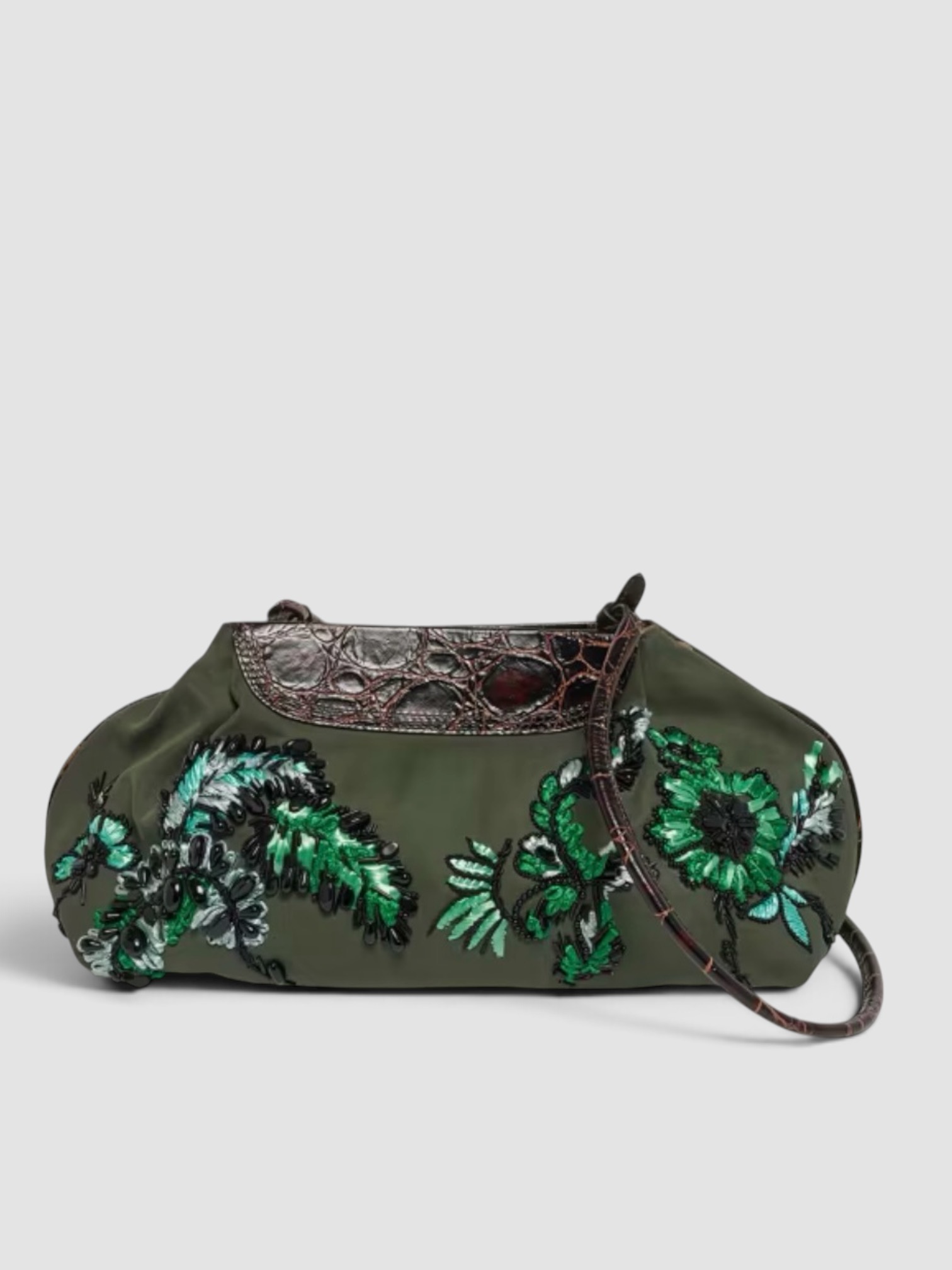 Dries Van Noten Medium Beaded Cotton Clutch Bag in bottle green, worn with FIL DE VIE Isadora Dress. Styled by Sharon Lombardo for FDV Concierge.