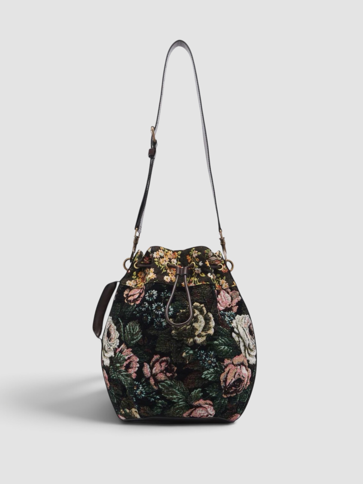 Dries Van Noten Medium Floral Velvet Bucket Bag in black, worn with FIL DE VIE Isadora Dress. Styled by Sharon Lombardo for FDV Concierge.