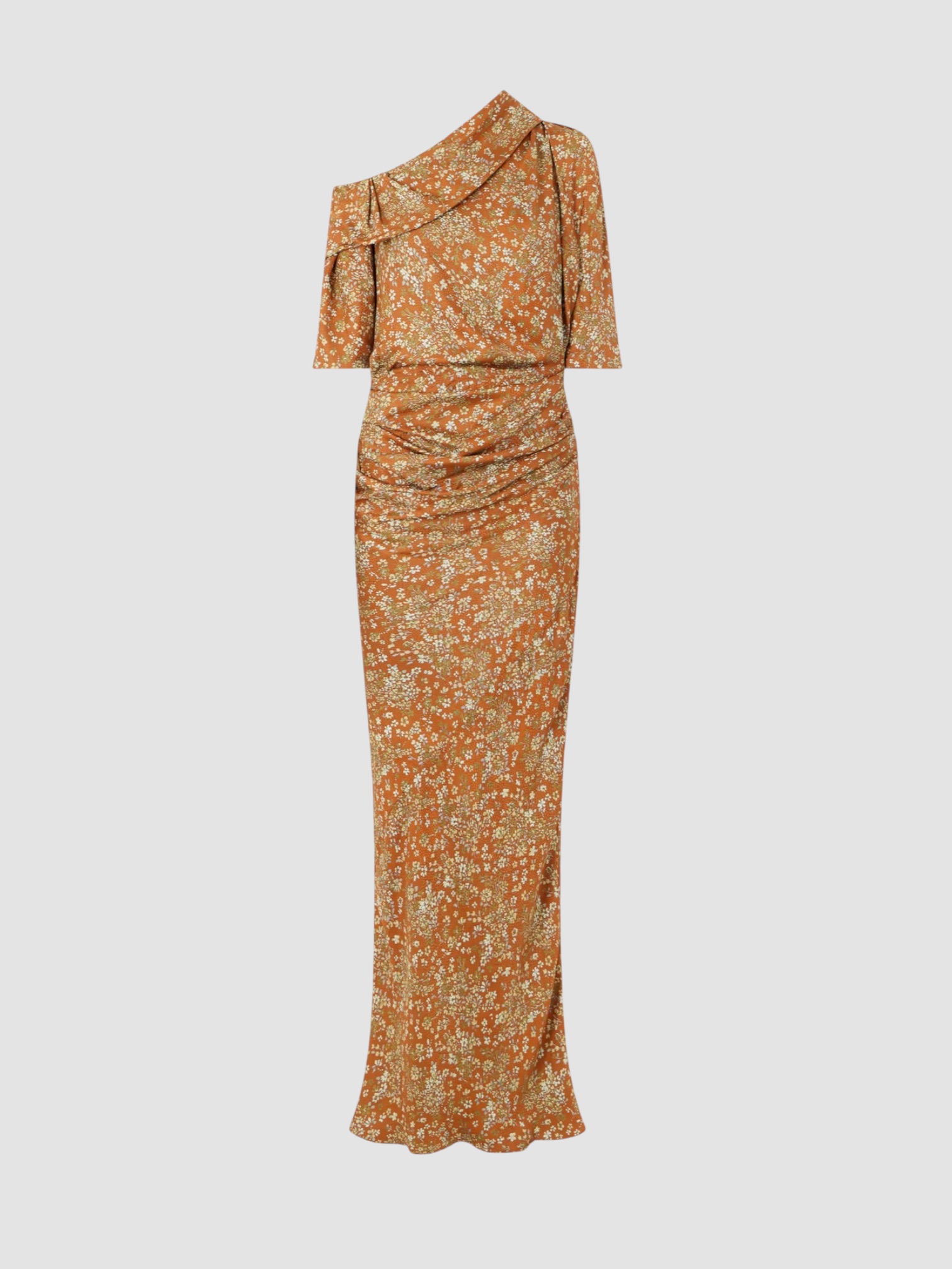 Dries Van Noten One-Shoulder Gathered Floral-Print Crepe Midi Dress in orange. Styled by Sharon Lombardo for FDV Concierge.