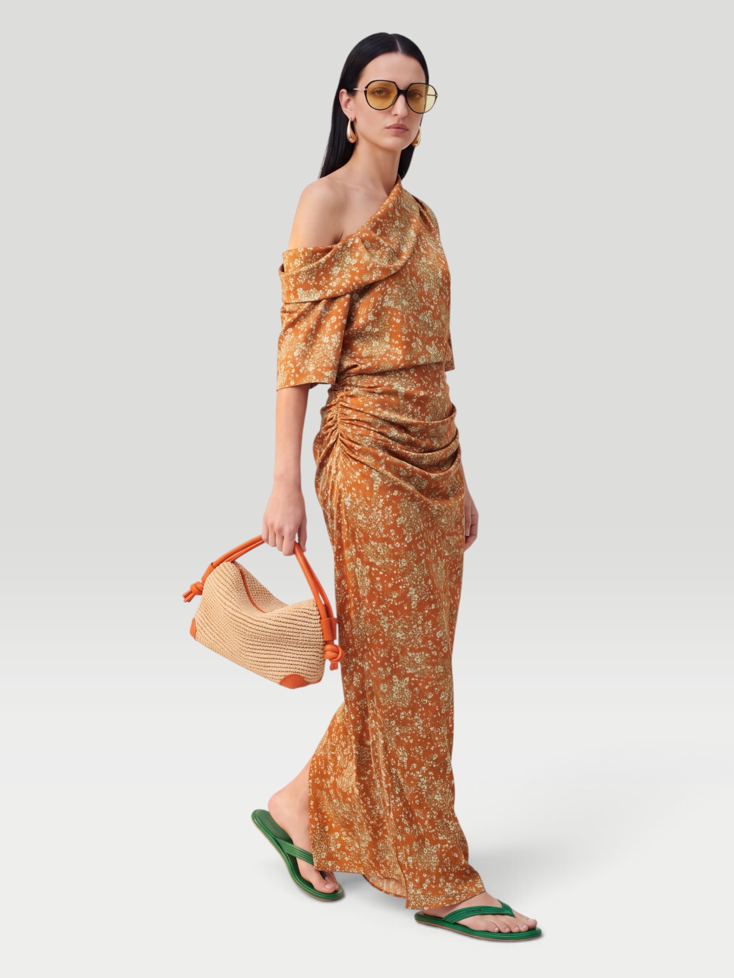 Dries Van Noten One-Shoulder Gathered Floral-Print Crepe Midi Dress in orange. Styled by Sharon Lombardo for FDV Concierge.