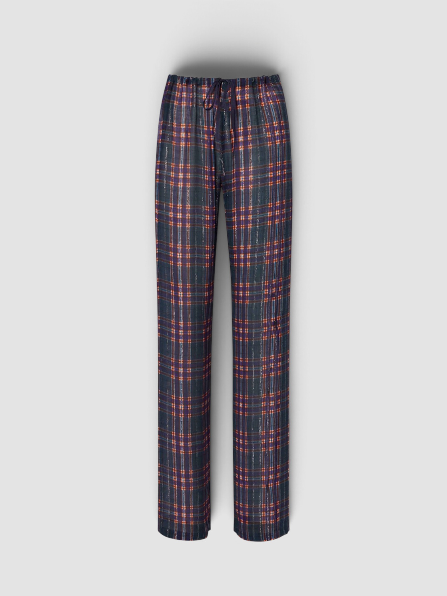 Dries Van Noten Plaid Lamé Straight Pants in blue. Styled by Sharon Lombardo for FDV Concierge.