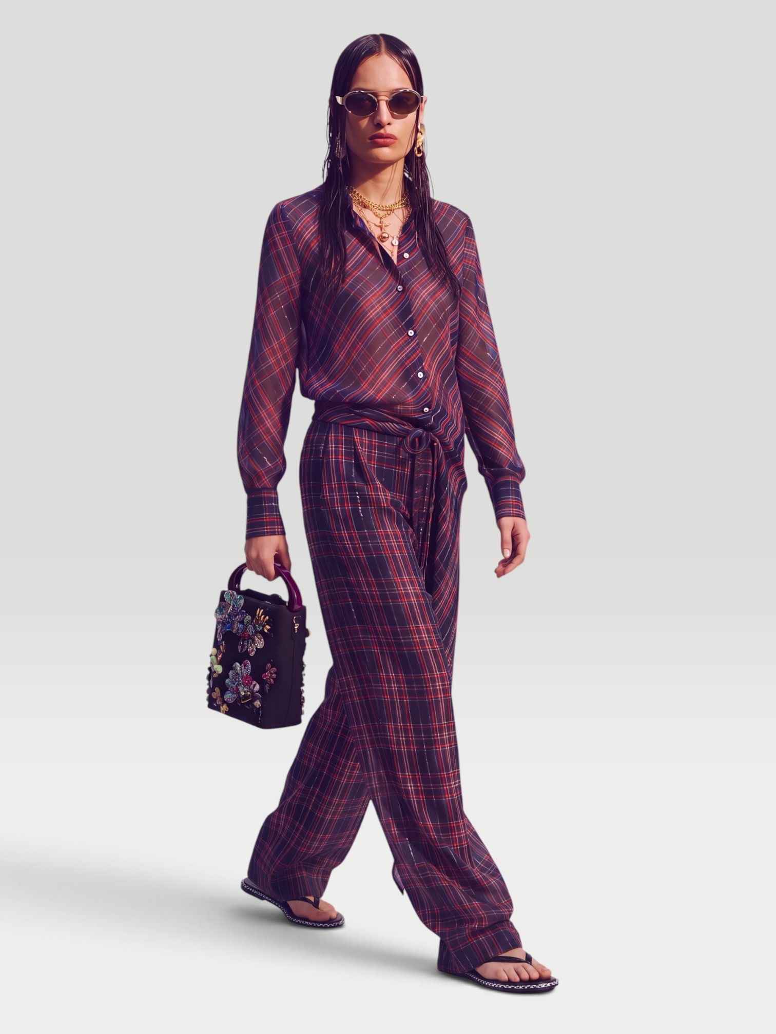 Dries Van Noten Plaid Lamé Straight Pants in blue. Styled by Sharon Lombardo for FDV Concierge.