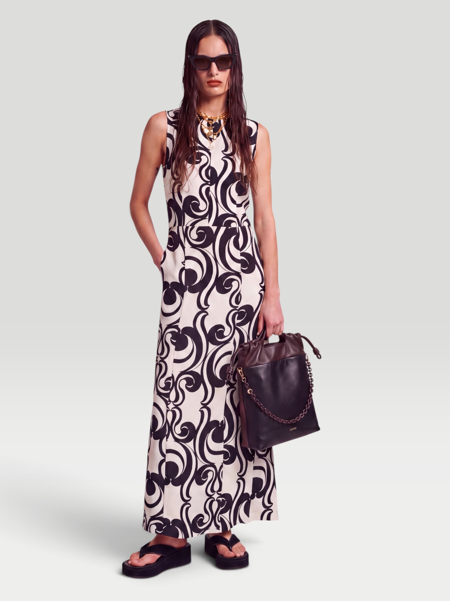 Dries Van Noten Printed Crepe Maxi Dress in black/cream. Styled by Sharon Lombardo for FDV Concierge.