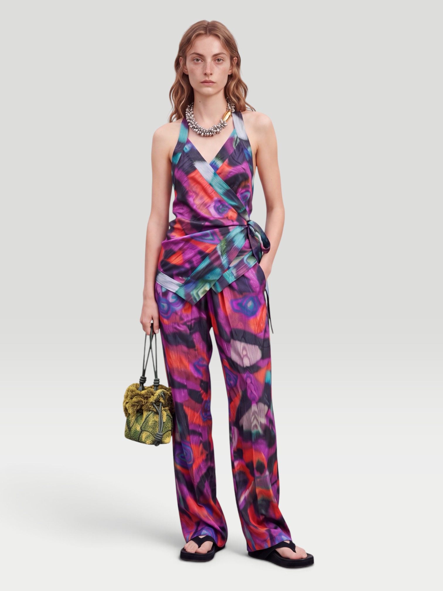 Dries Van Noten Printed Moire Wrap Top. Styled by Sharon Lombardo for FDV Concierge.