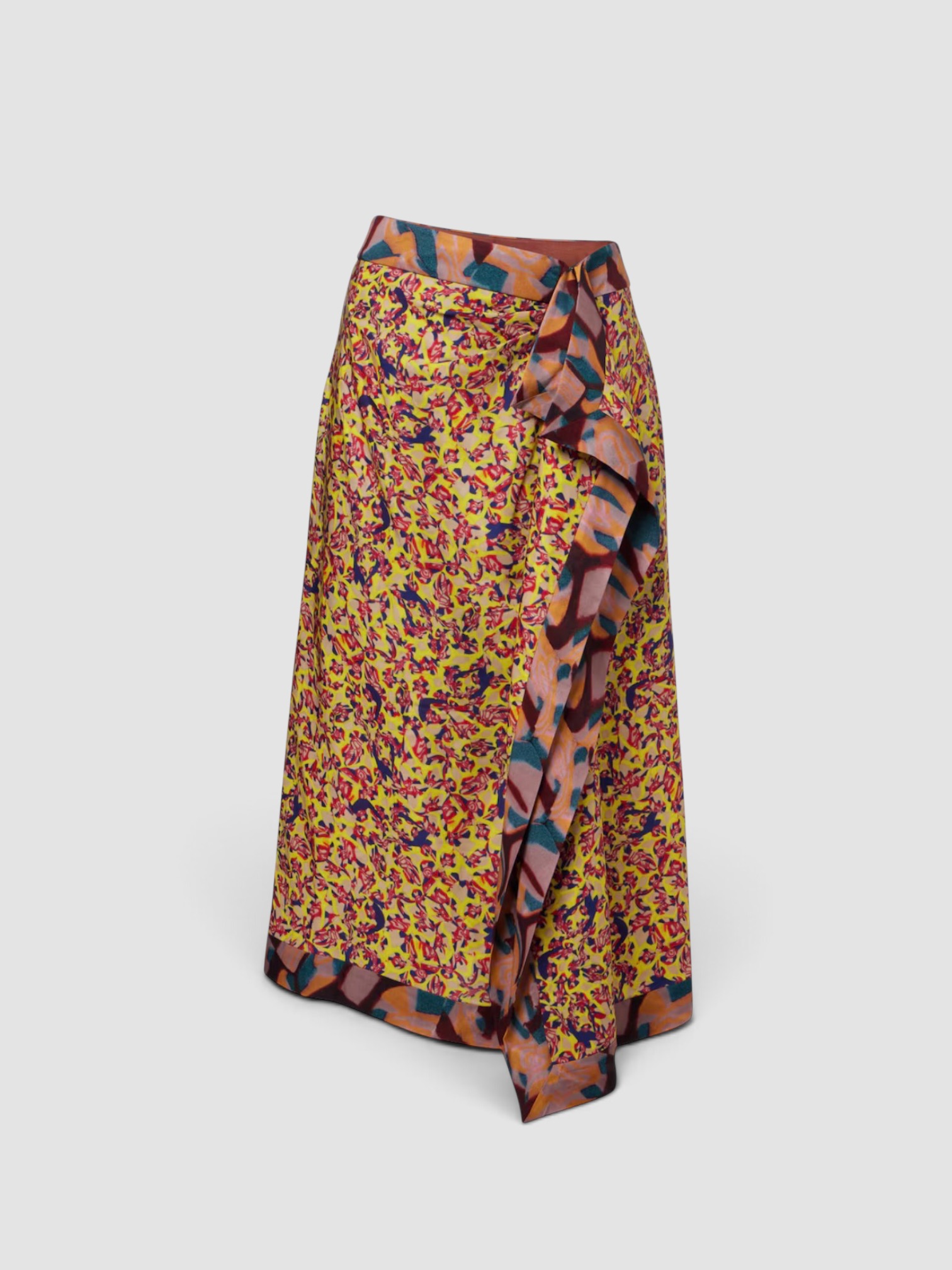 Dries Van Noten Printed Ruffled Midi Skirt in yellow, worn with Dries Van Noten Printed Twill Shirt, Bottega Veneta Sampieri Flat Thong, Bottega Veneta Aviator-Style Tortoiseshell Acetate Sunglasses, Bottega Veneta Loop Leather-Trimmed Raffia Tote Bag, the day. Styled by Sharon Lombardo for FDV Concierge.