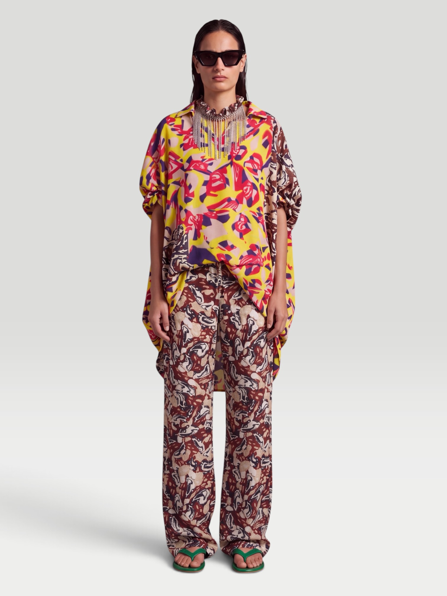 Dries Van Noten Printed Straight Pants in burgundy/cream. Styled by Sharon Lombardo for FDV Concierge.
