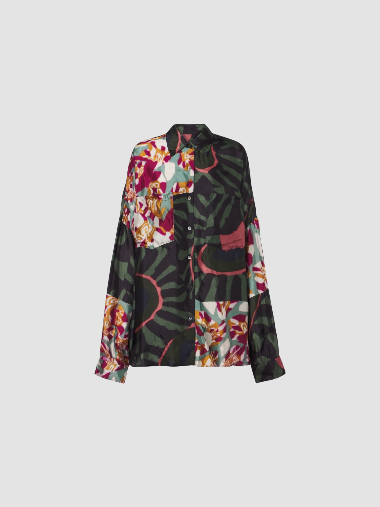 Dries Van Noten Printed Twill Shirt, worn with Dries Van Noten Printed Ruffled Midi Skirt, Bottega Veneta Sampieri Flat Thong, Bottega Veneta Aviator-Style Tortoiseshell Acetate Sunglasses, Bottega Veneta Loop Leather-Trimmed Raffia Tote Bag, the day. Styled by Sharon Lombardo for FDV Concierge.