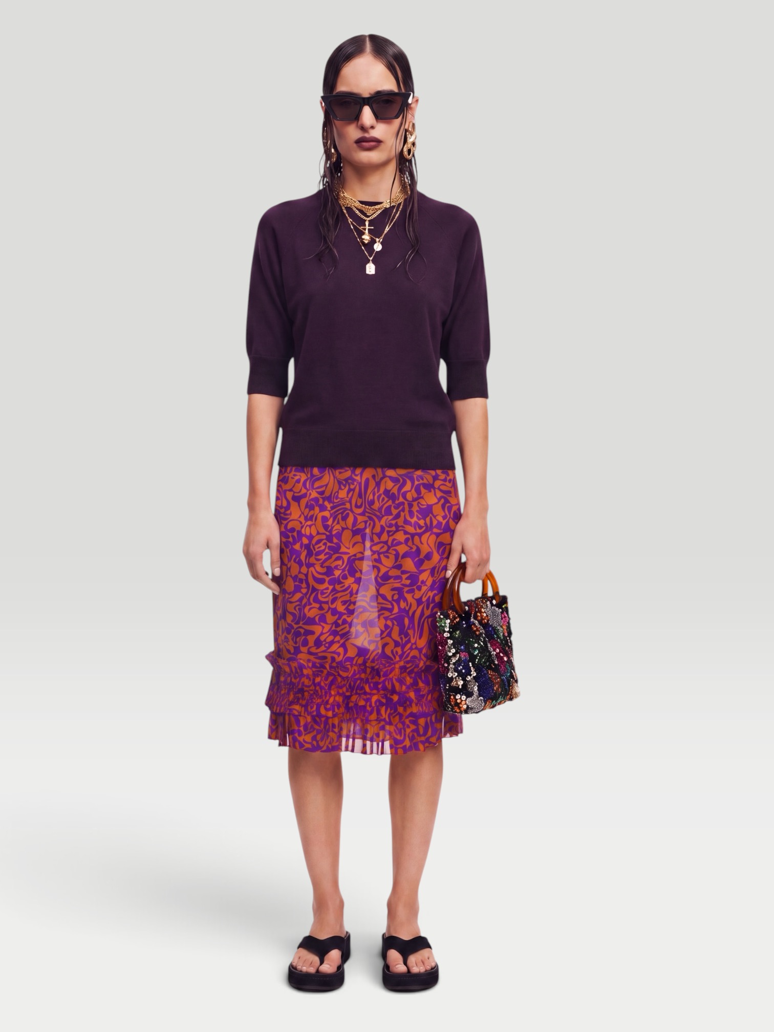 Dries Van Noten Printed Viscose Scotts Skirt in purple/rust. Styled by Sharon Lombardo for FDV Concierge.
