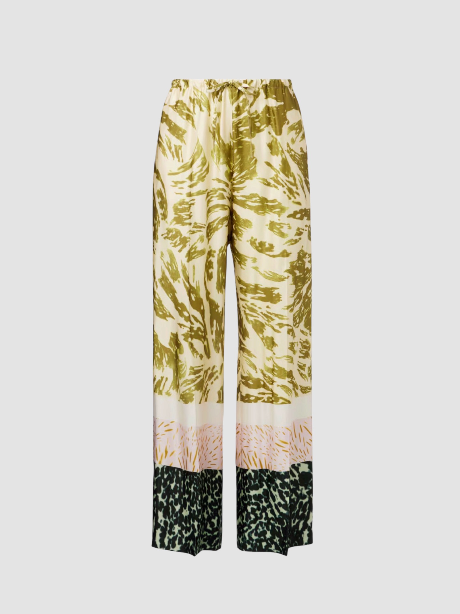 Dries Van Noten Printed Wide-Leg Pants in olive/cream. Styled by Sharon Lombardo for FDV Concierge.