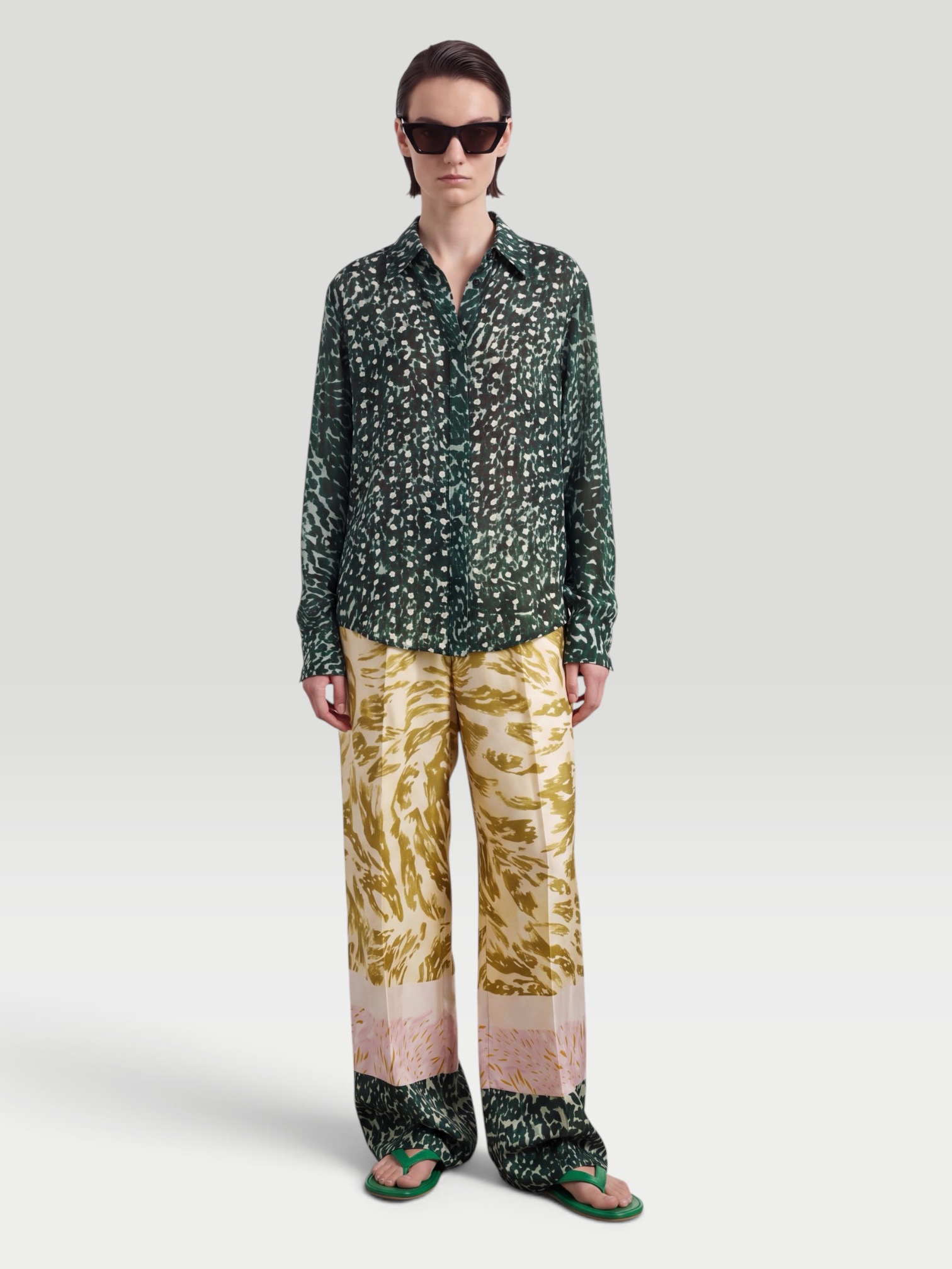 Dries Van Noten Printed Wide-Leg Pants in olive/cream. Styled by Sharon Lombardo for FDV Concierge.