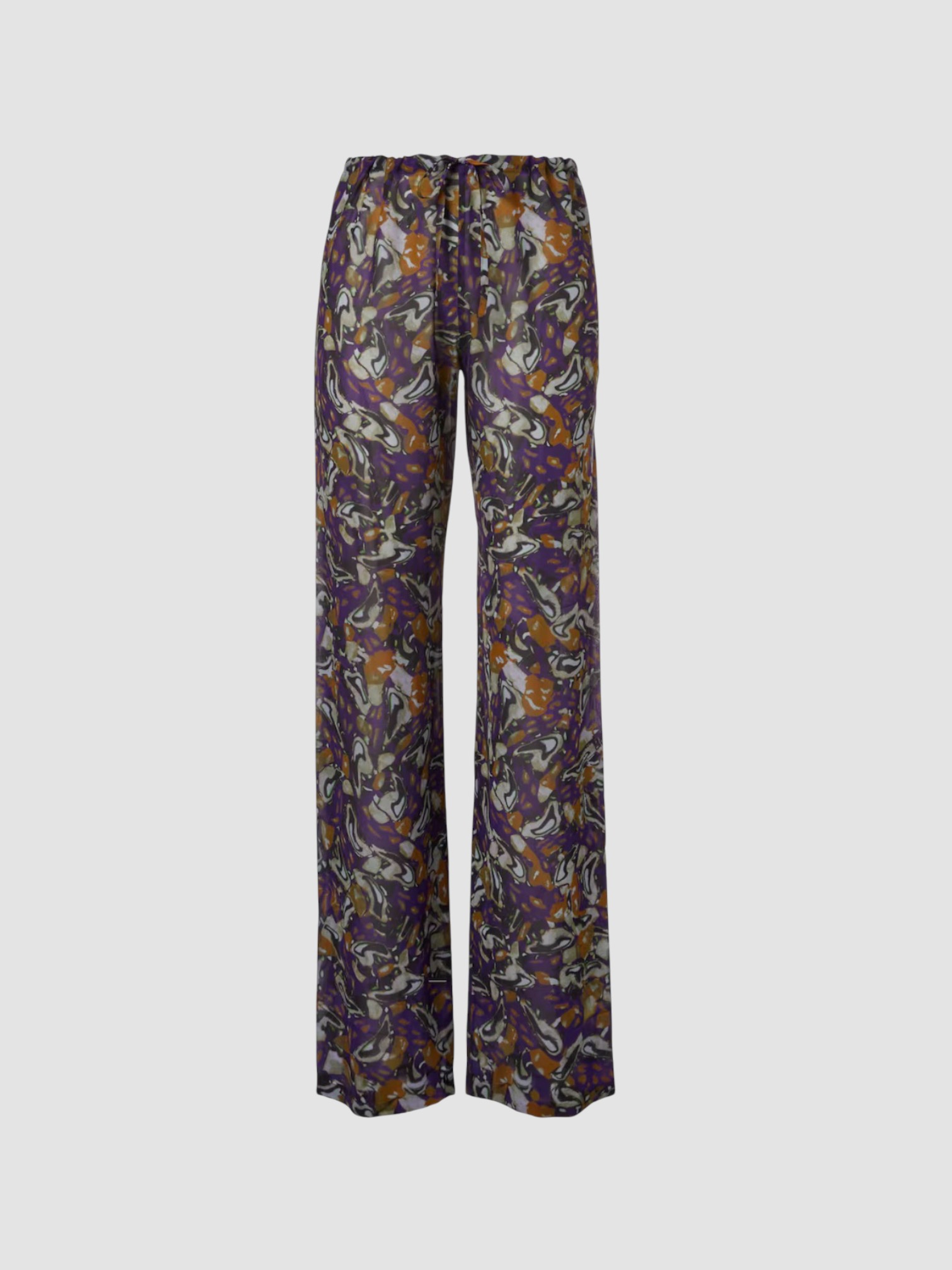 Dries Van Noten Printed Wide-Leg Pants in purple, worn with Dries Van Noten Ruffled Printed Asymmetric Georgette Camisole, Dries Van Noten Flat Sandal, Dries Van Noten Marche Medium Fringed Top-Handle Bag, ALAÏA Mask-Frame Acetate Sunglasses, the day. Styled by Sharon Lombardo for FDV Concierge.