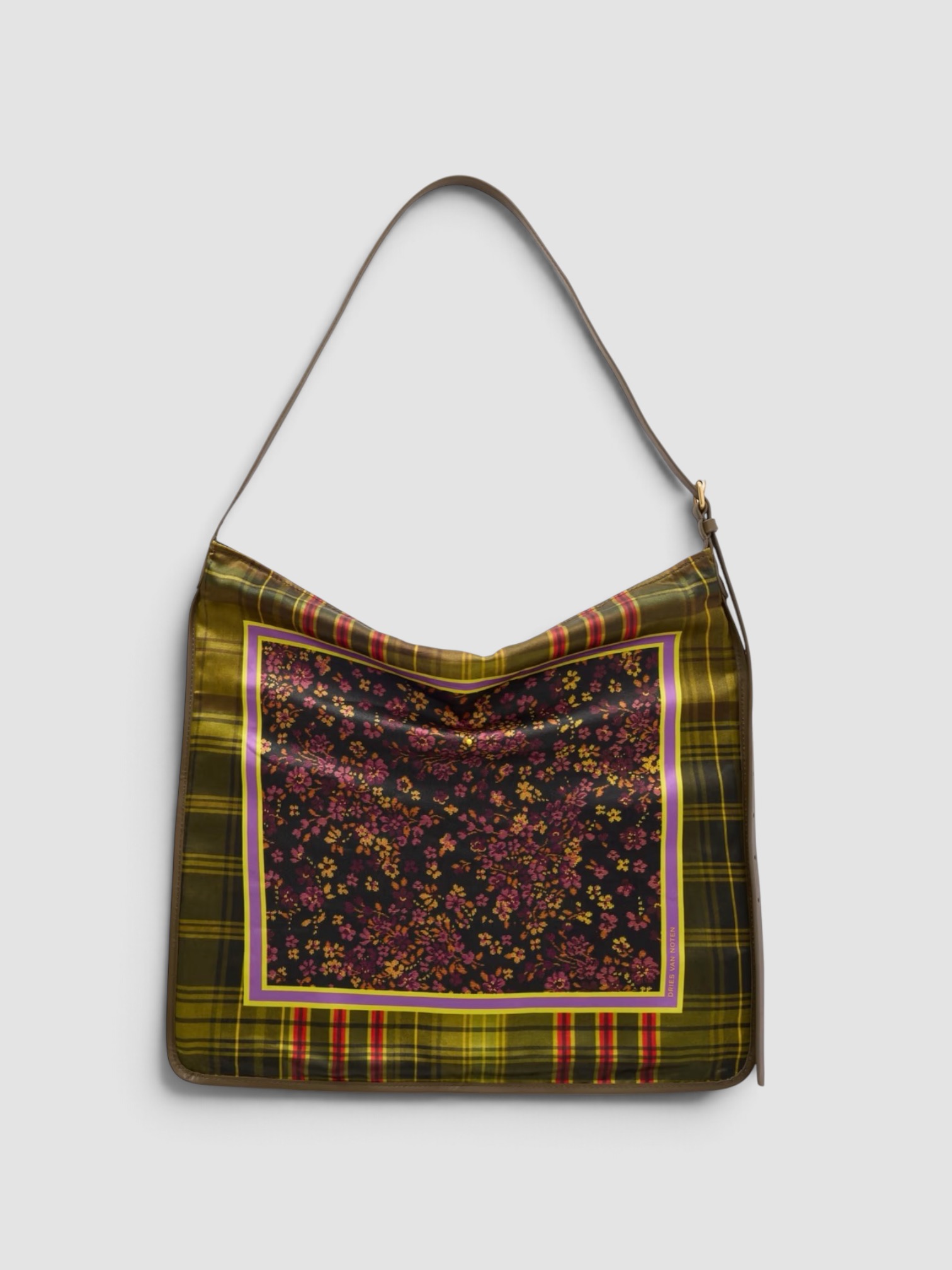 Dries Van Noten Printed Large Leather-Trimmed Satin Shoulder Bag in olive plaid.