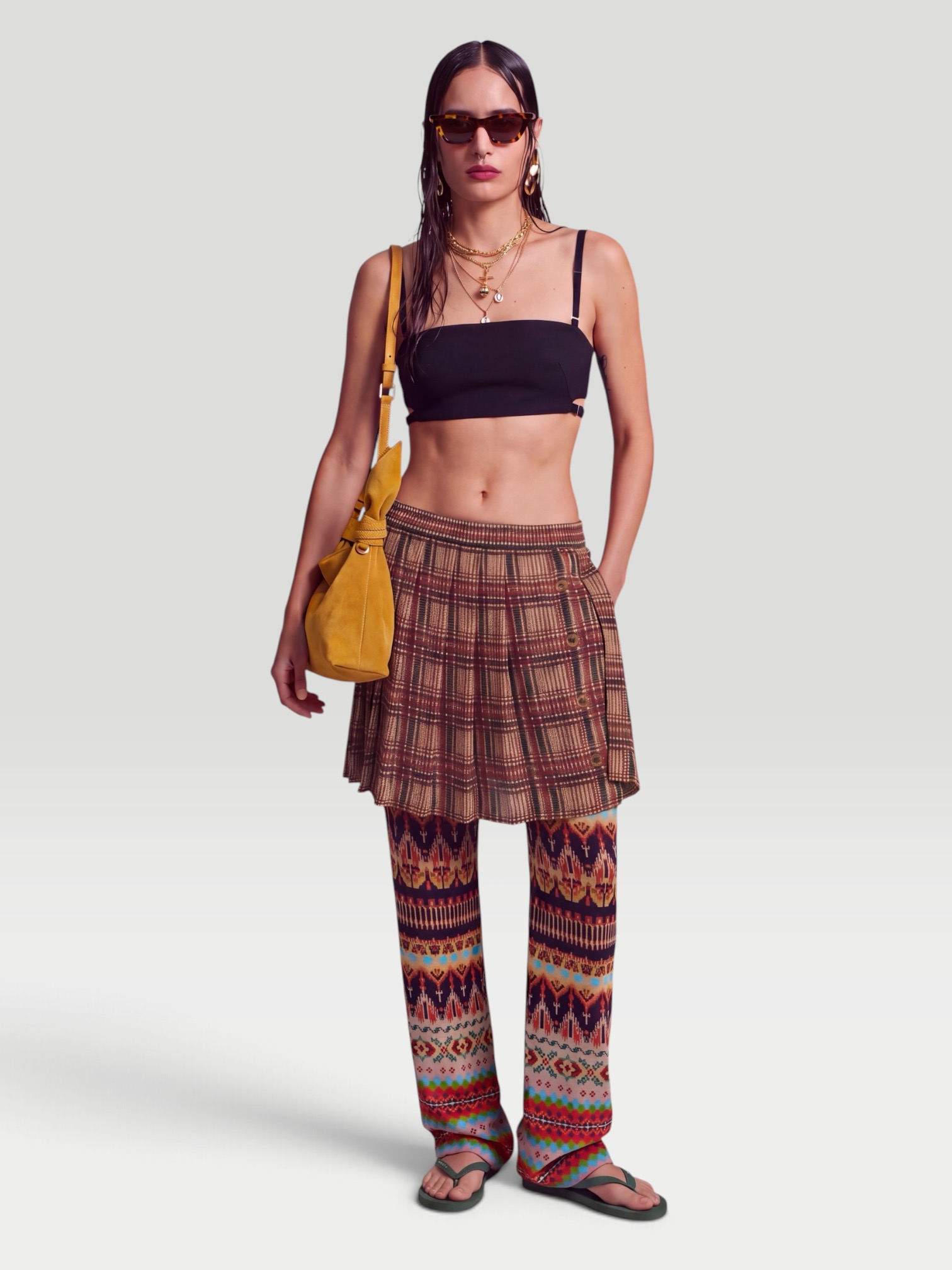 Dries Van Noten Printed Layered Wide-Leg Pants, worn with Bottega Veneta Sampieri Flat Thong. Styled by Sharon Lombardo for FDV Concierge.